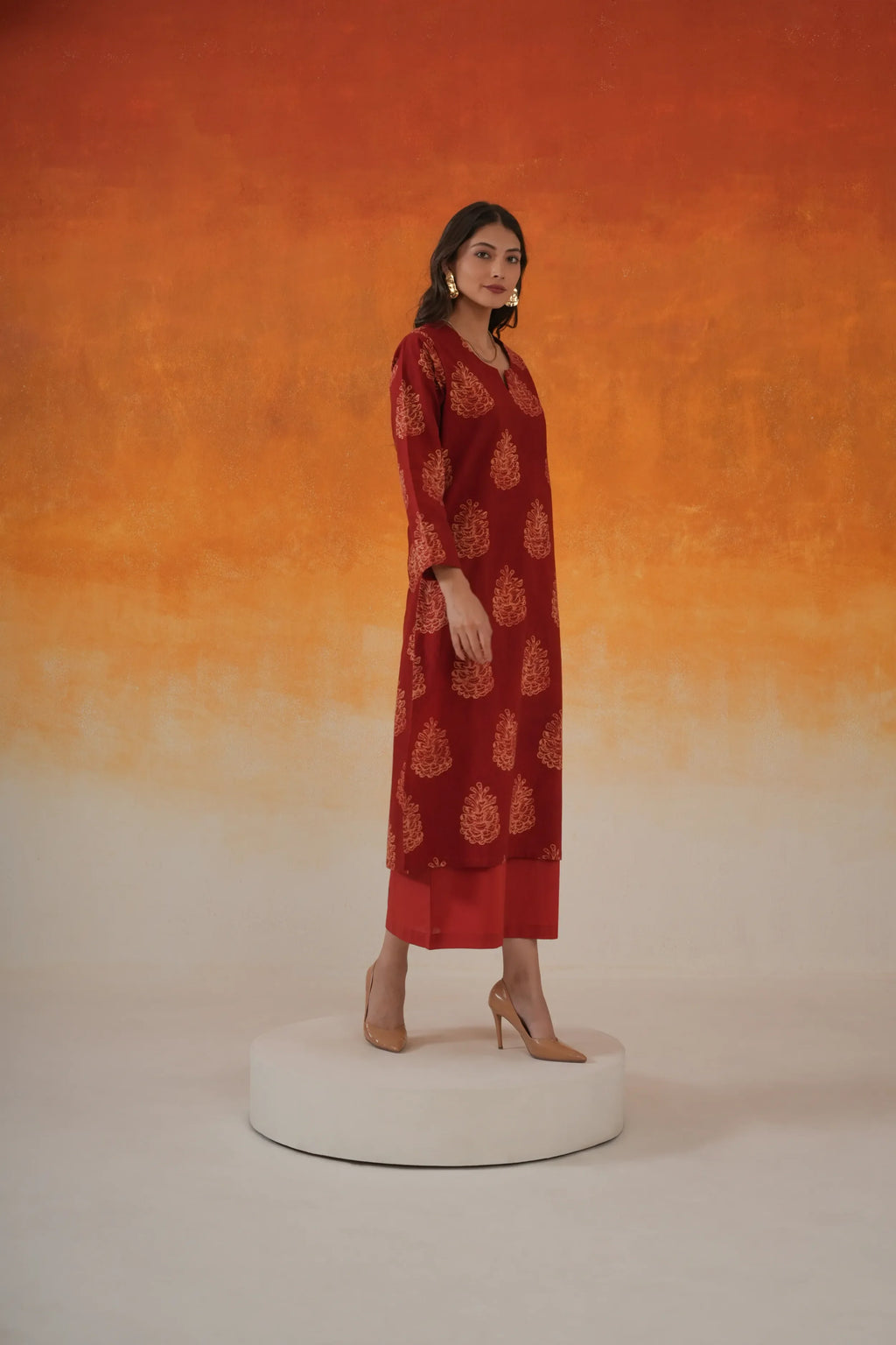 Pine straight Ajrakh cotton kurta set in madder red