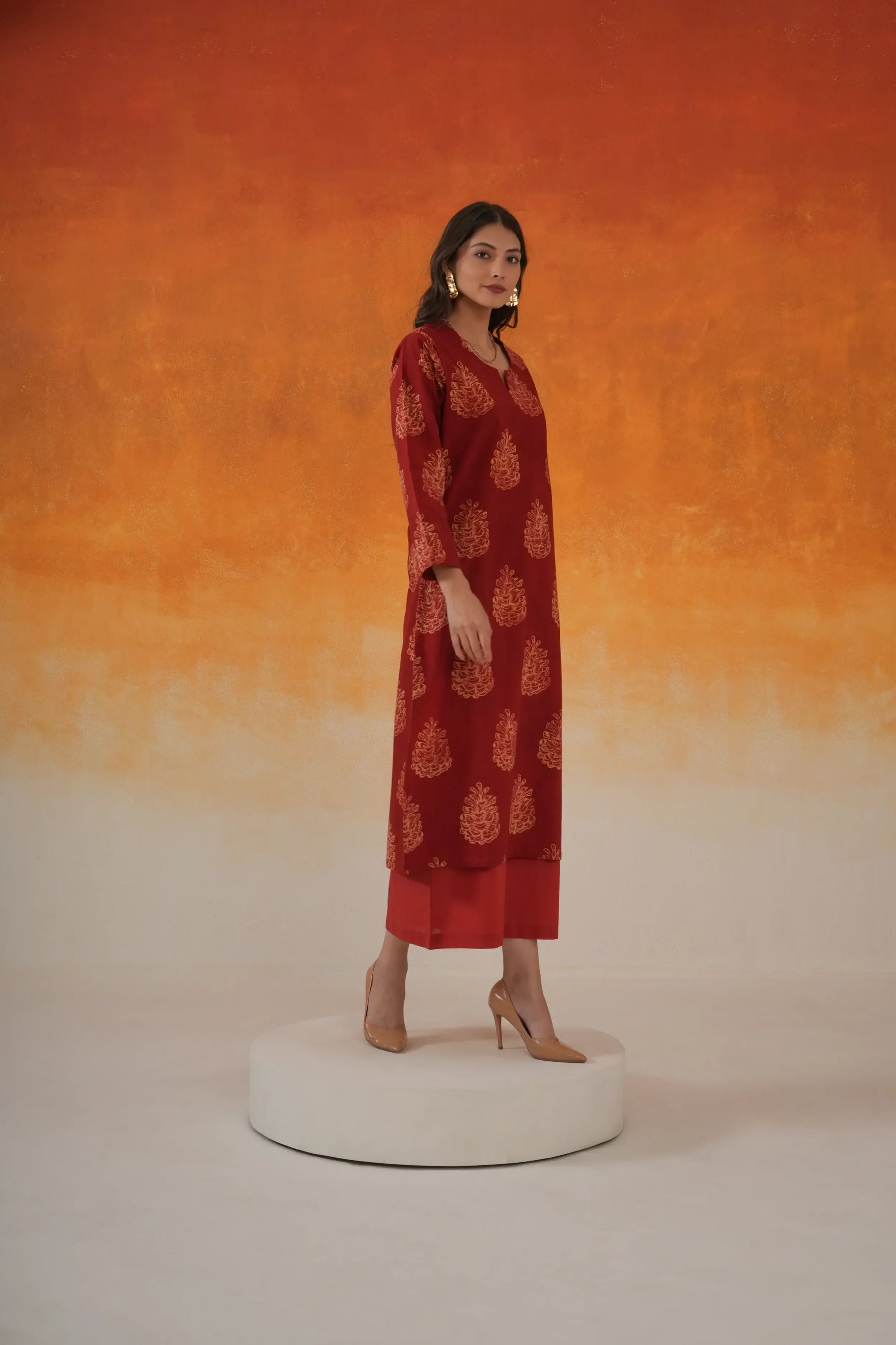 Pine straight Ajrakh cotton kurta in madder red - World of Toji