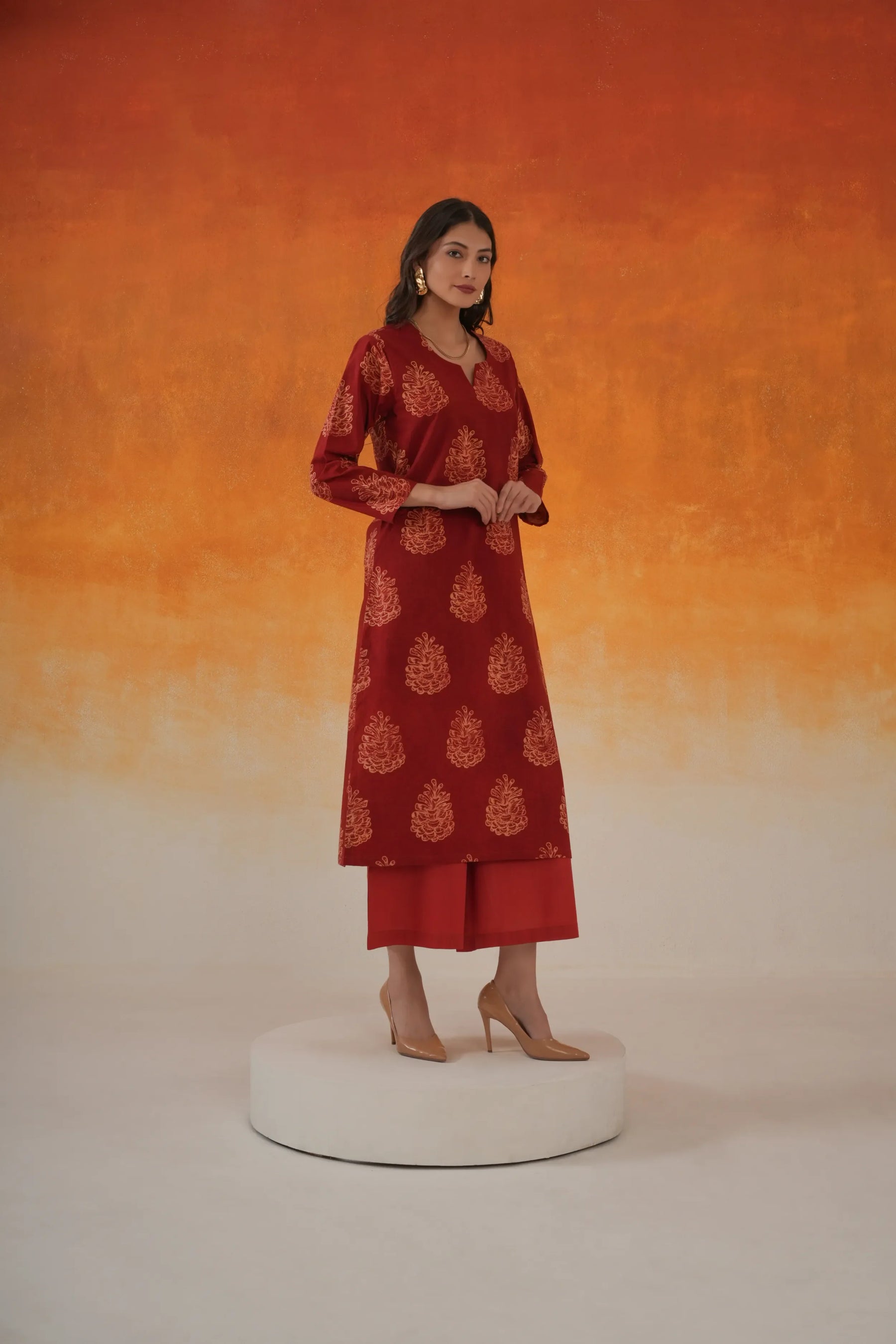 Pine straight fit Ajrakh cotton kurta set in madder red - World of Toji