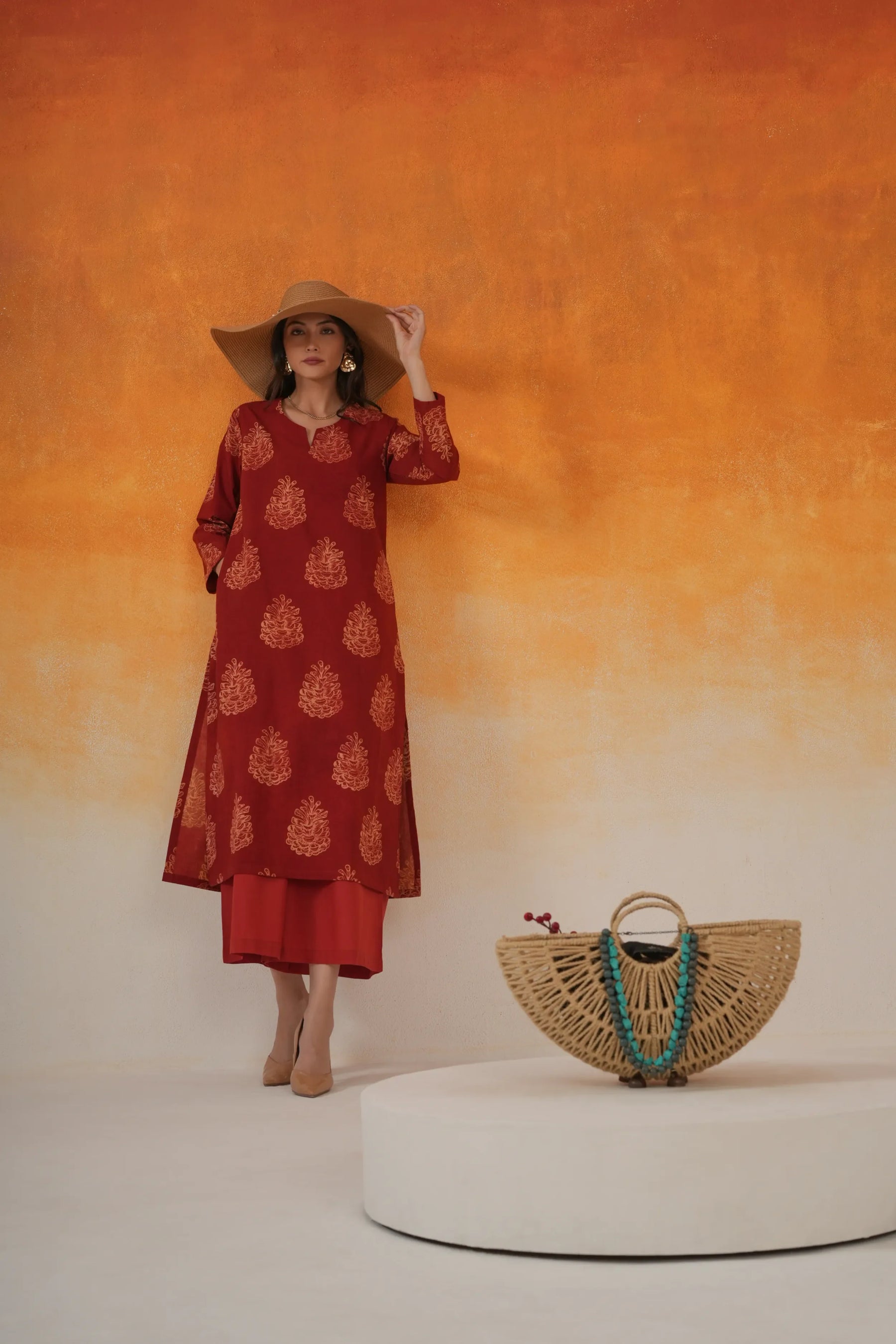 Pine straight fit Ajrakh cotton kurta set in madder red - World of Toji