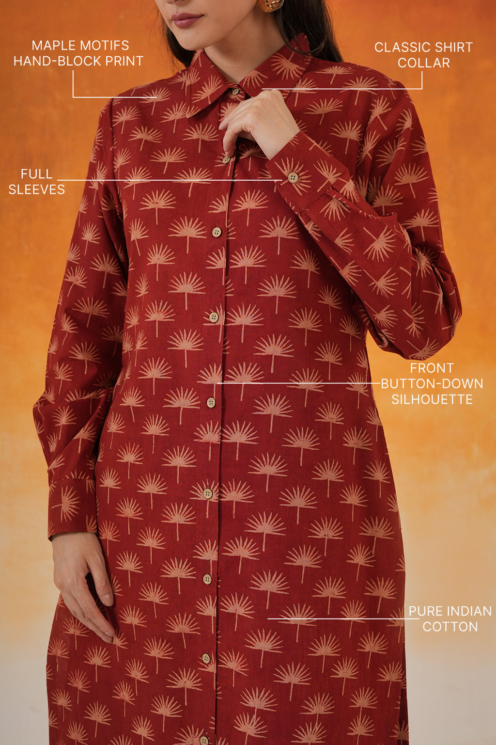 Maple shirt-style Ajrakh cotton kurta in madder red - World of Toji