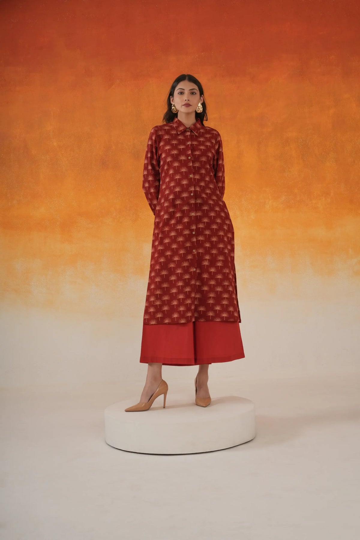 Maple shirt-style Ajrakh cotton kurta set in madder red - World of Toji