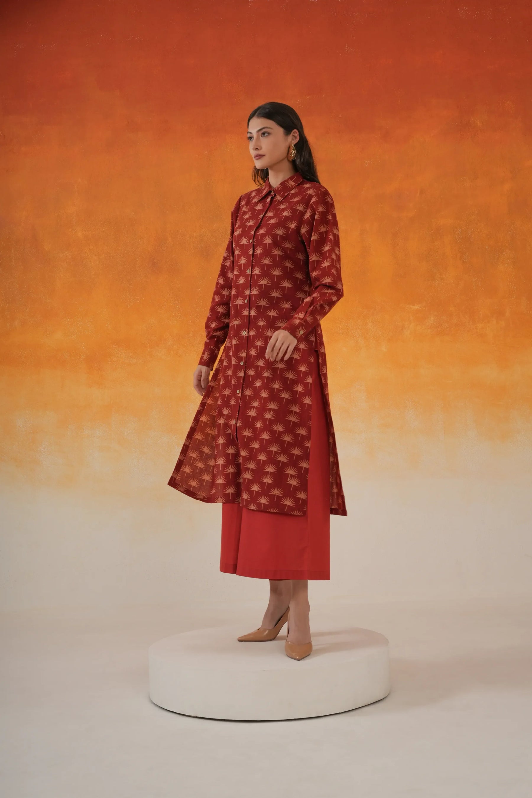 Maple shirt-style Ajrakh cotton kurta set in madder red - World of Toji