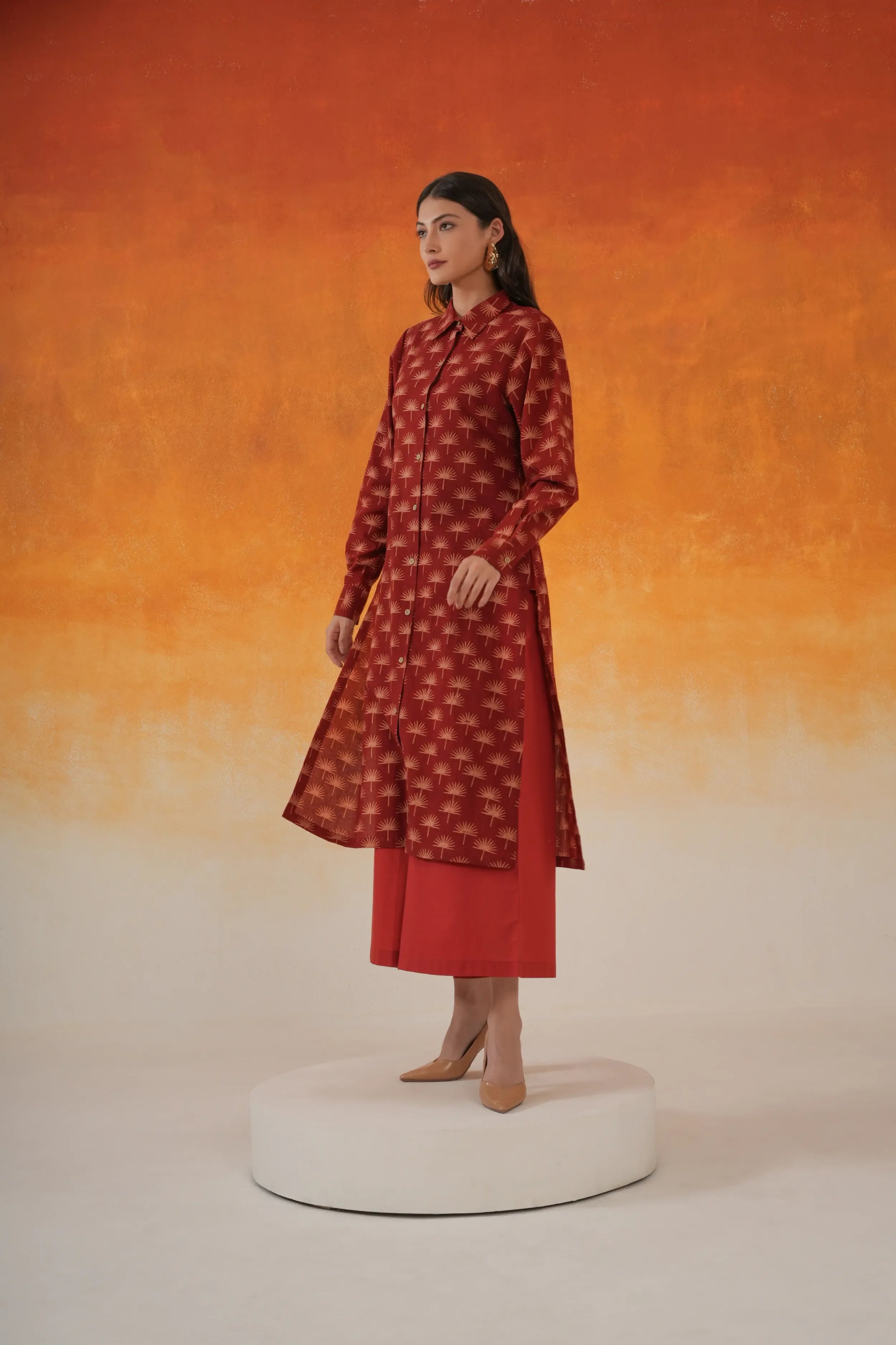 Maple shirt-style Ajrakh cotton kurta set in madder red