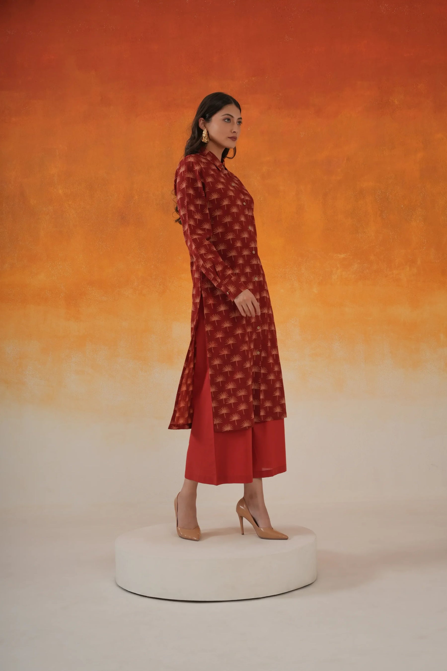 Maple shirt-style Ajrakh cotton kurta set in madder red - World of Toji