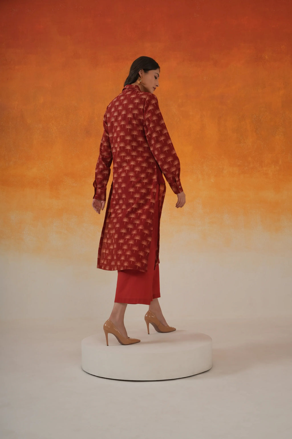 Maple shirt-style Ajrakh cotton kurta set in madder red