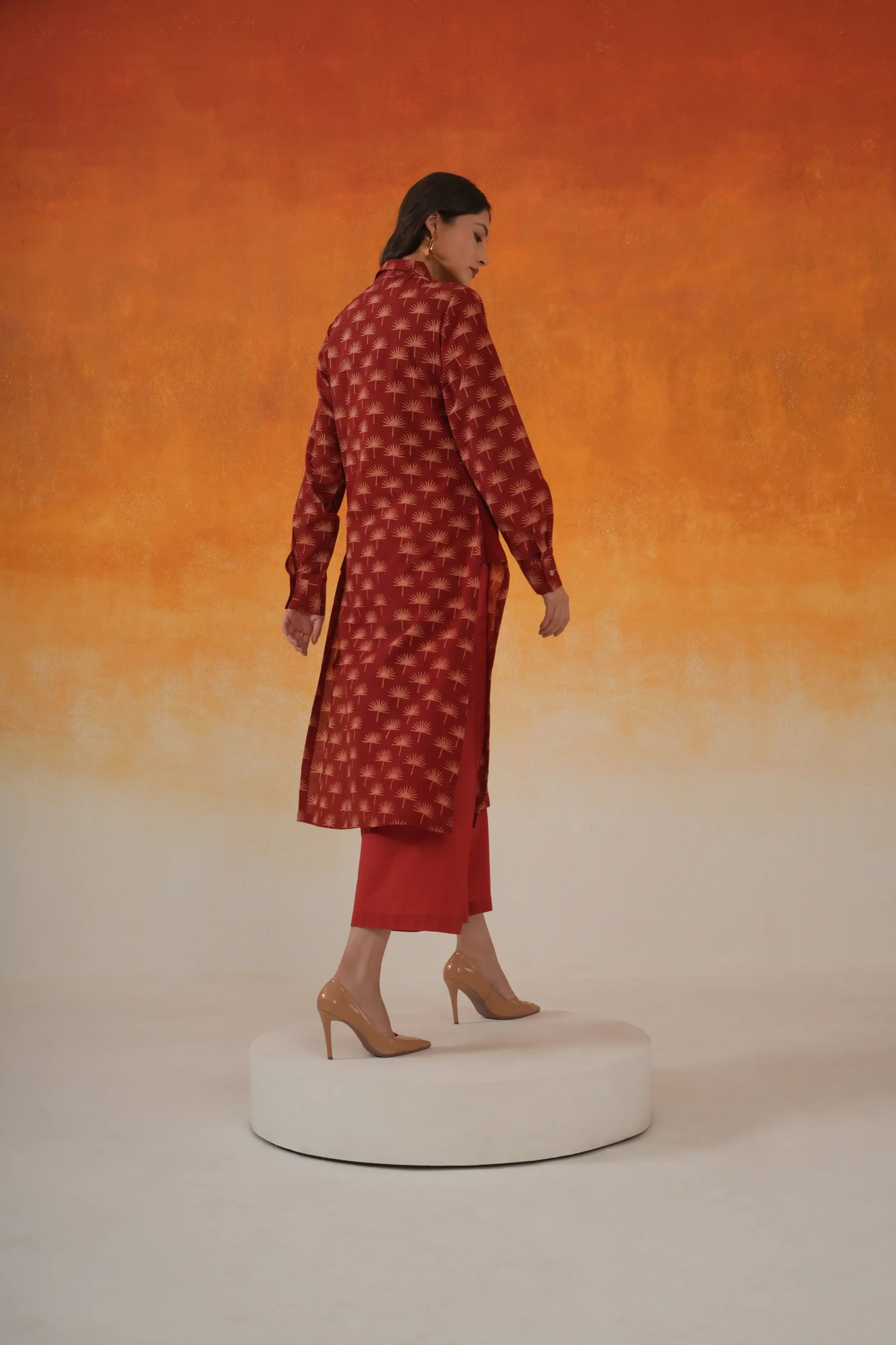 Maple Shirt Style Ajrakh Cotton Kurta - Madder Red