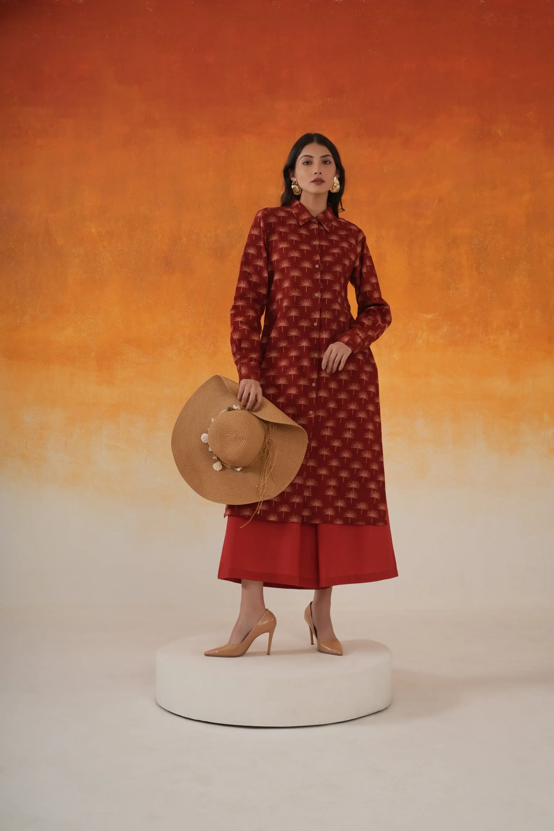 Maple shirt-style Ajrakh cotton kurta in madder red - World of Toji