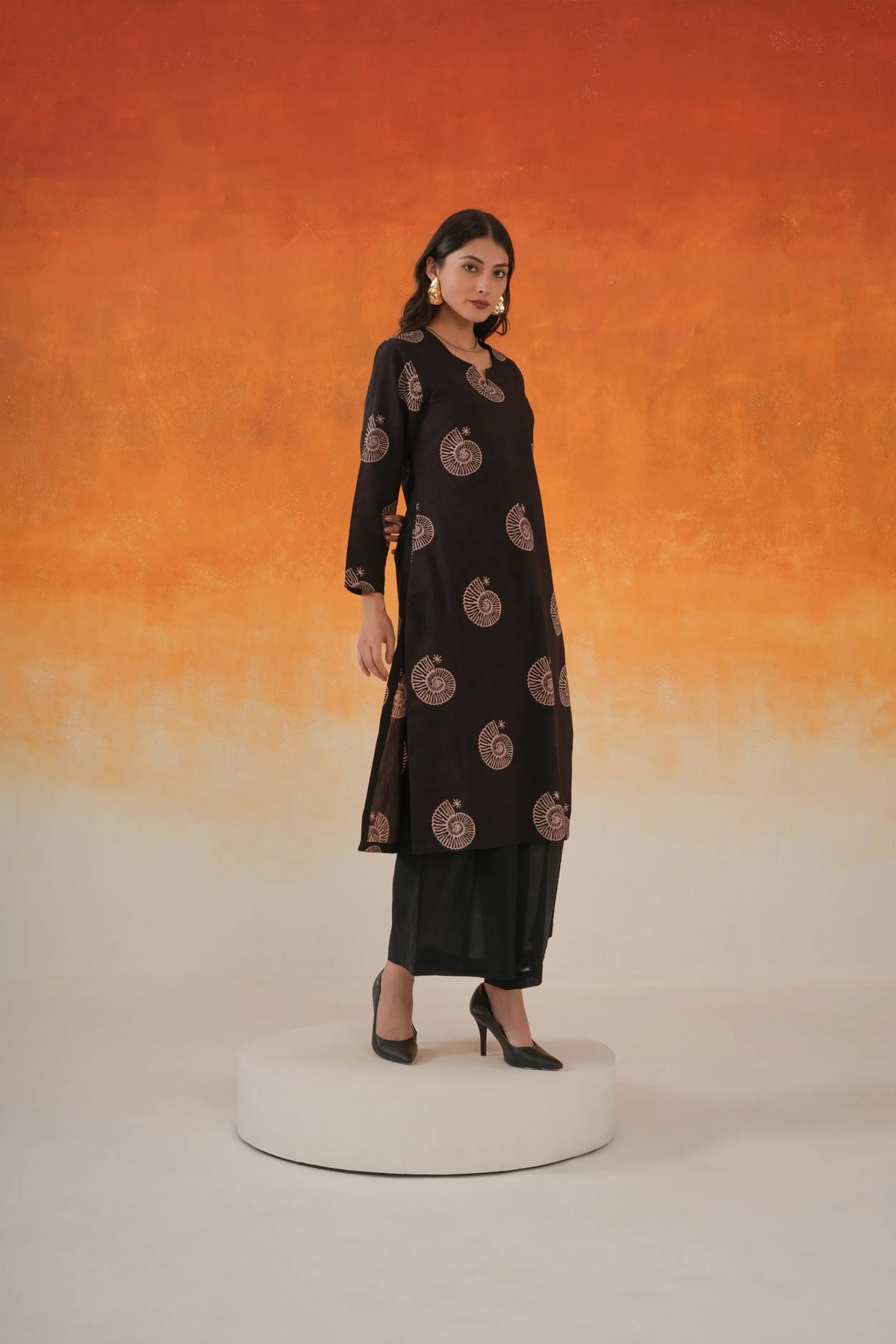 Conch straight Ajrakh cotton kurta set in black - World of Toji