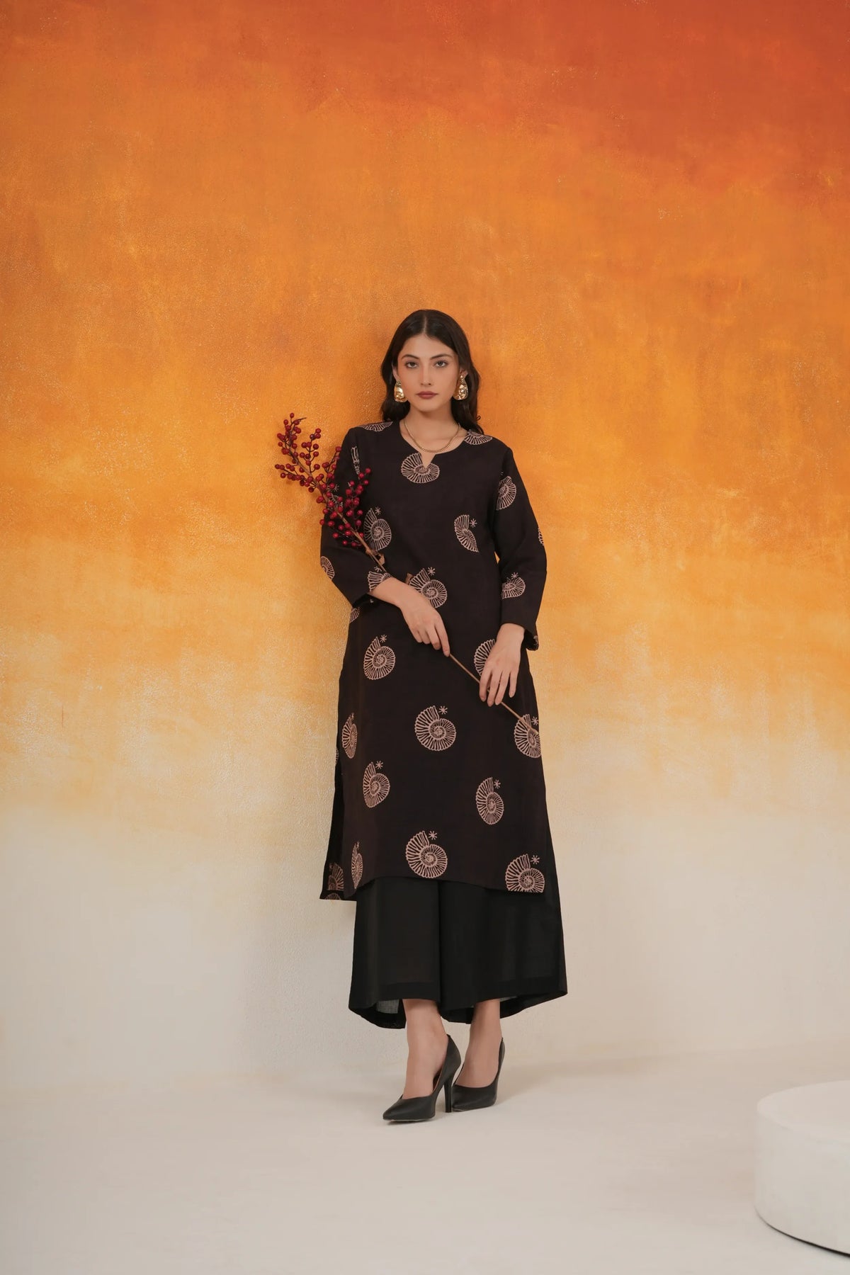Conch straight Ajrakh cotton kurta set in black - World of Toji