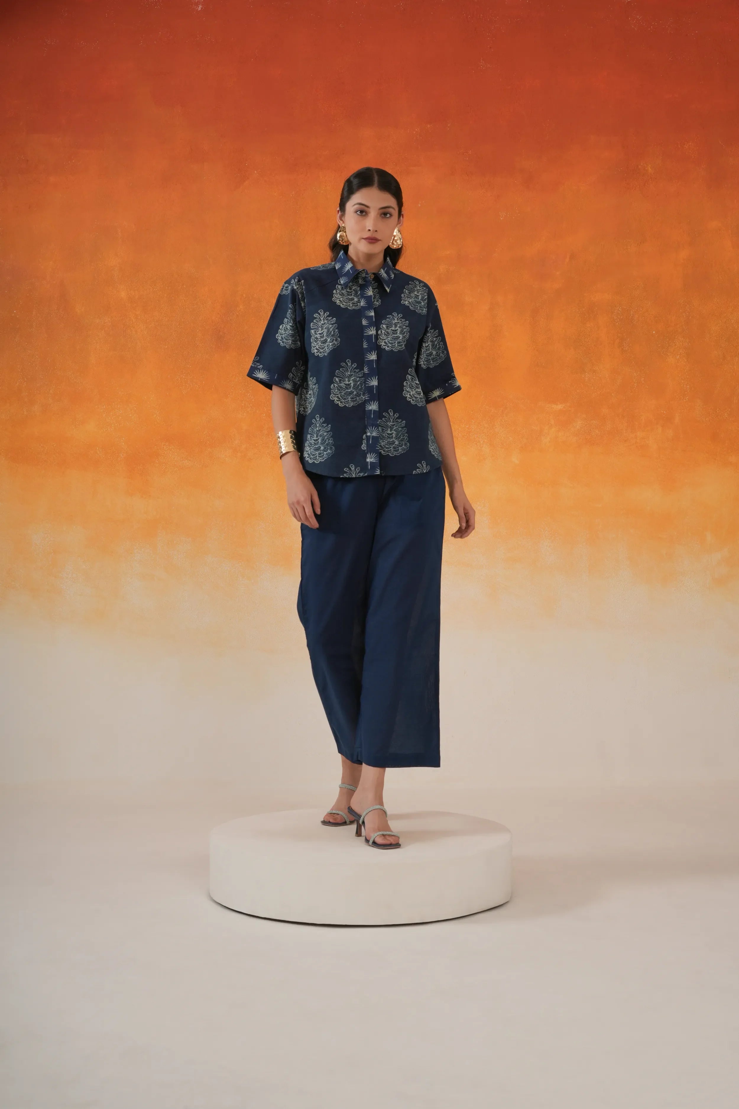 Pine shirt-style Ajrakh cotton co-ord set indigo