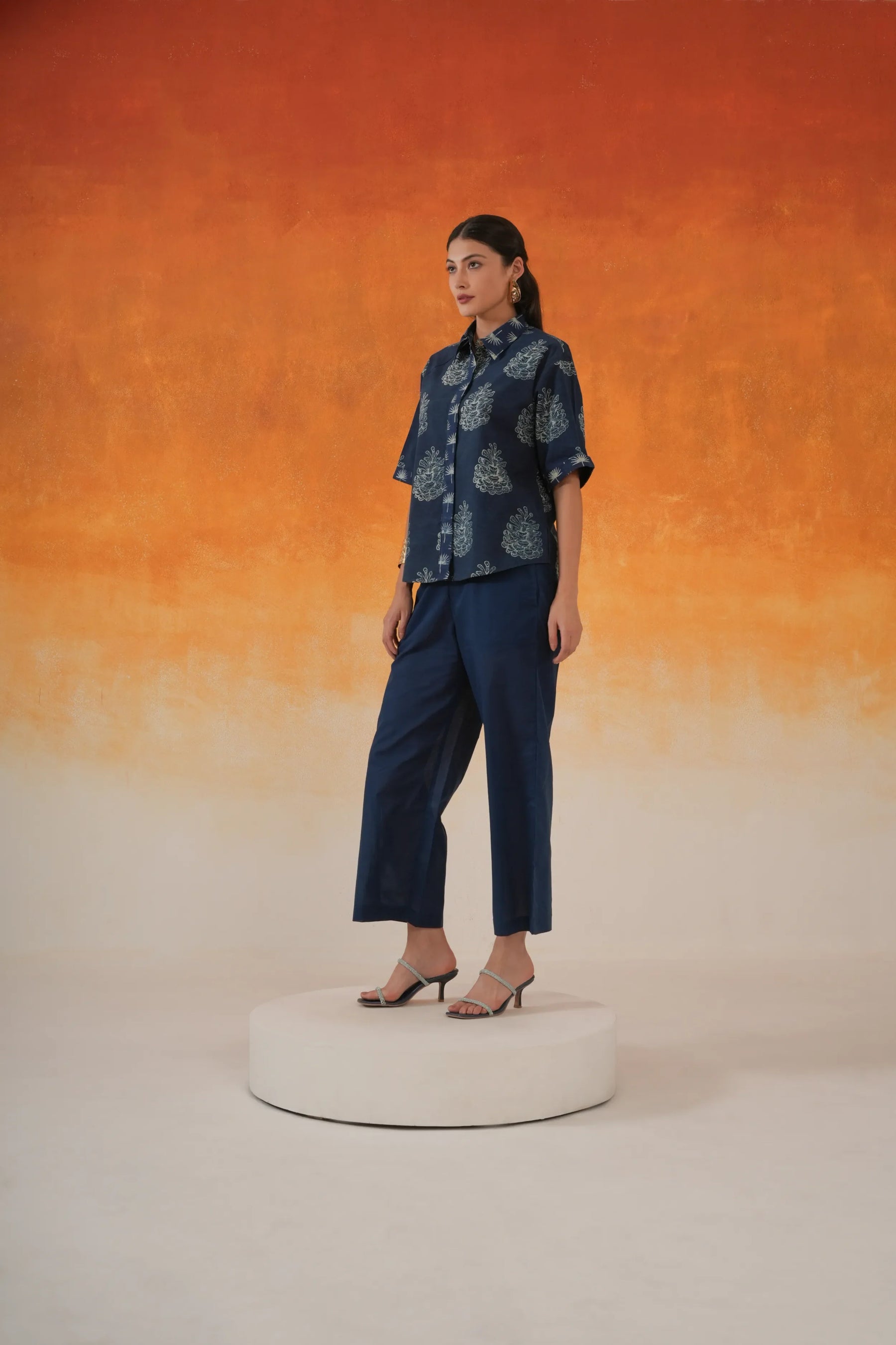 Pine shirt-style Ajrakh cotton co-ord set indigo