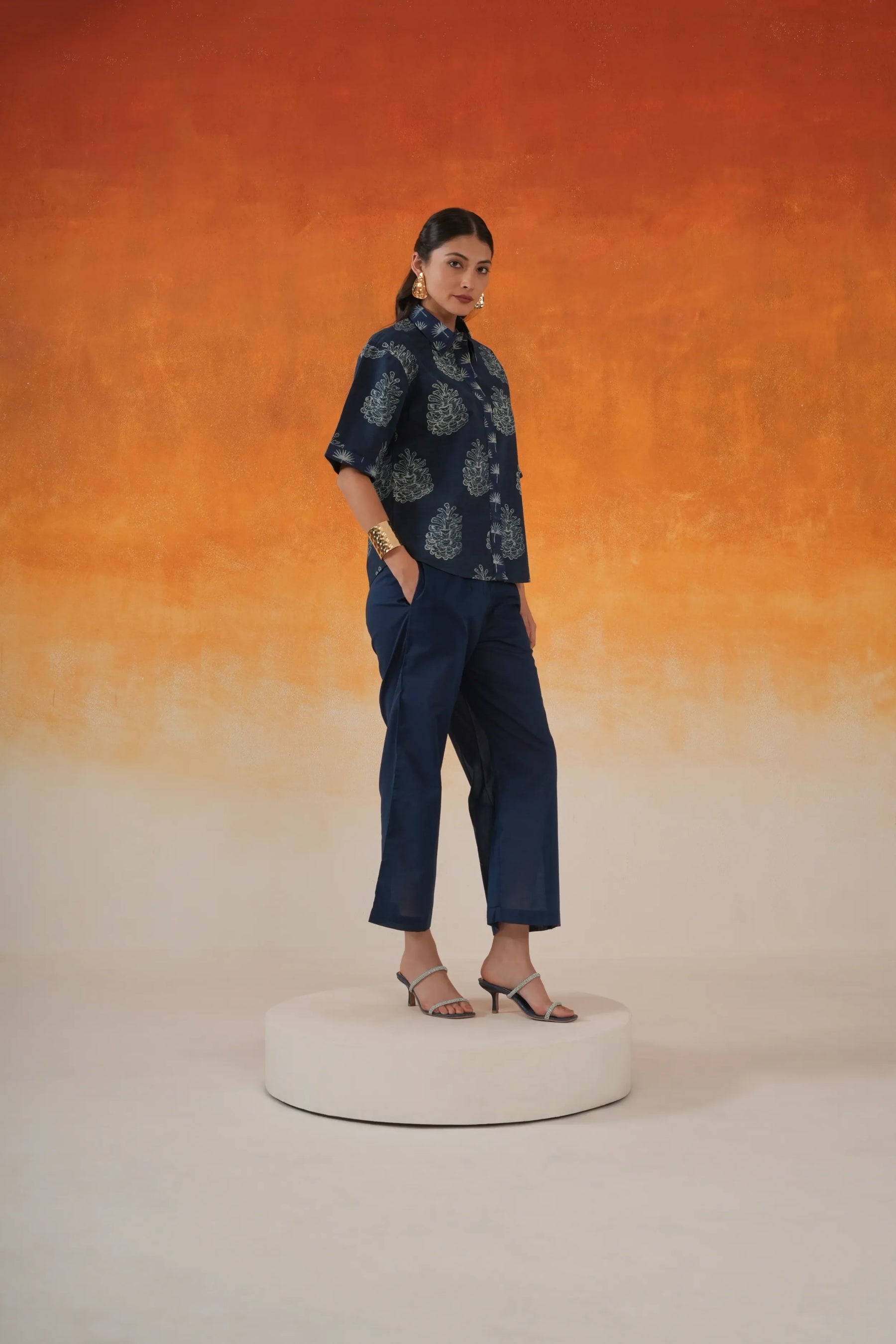 Pine shirt-style Ajrakh cotton co-ord set indigo