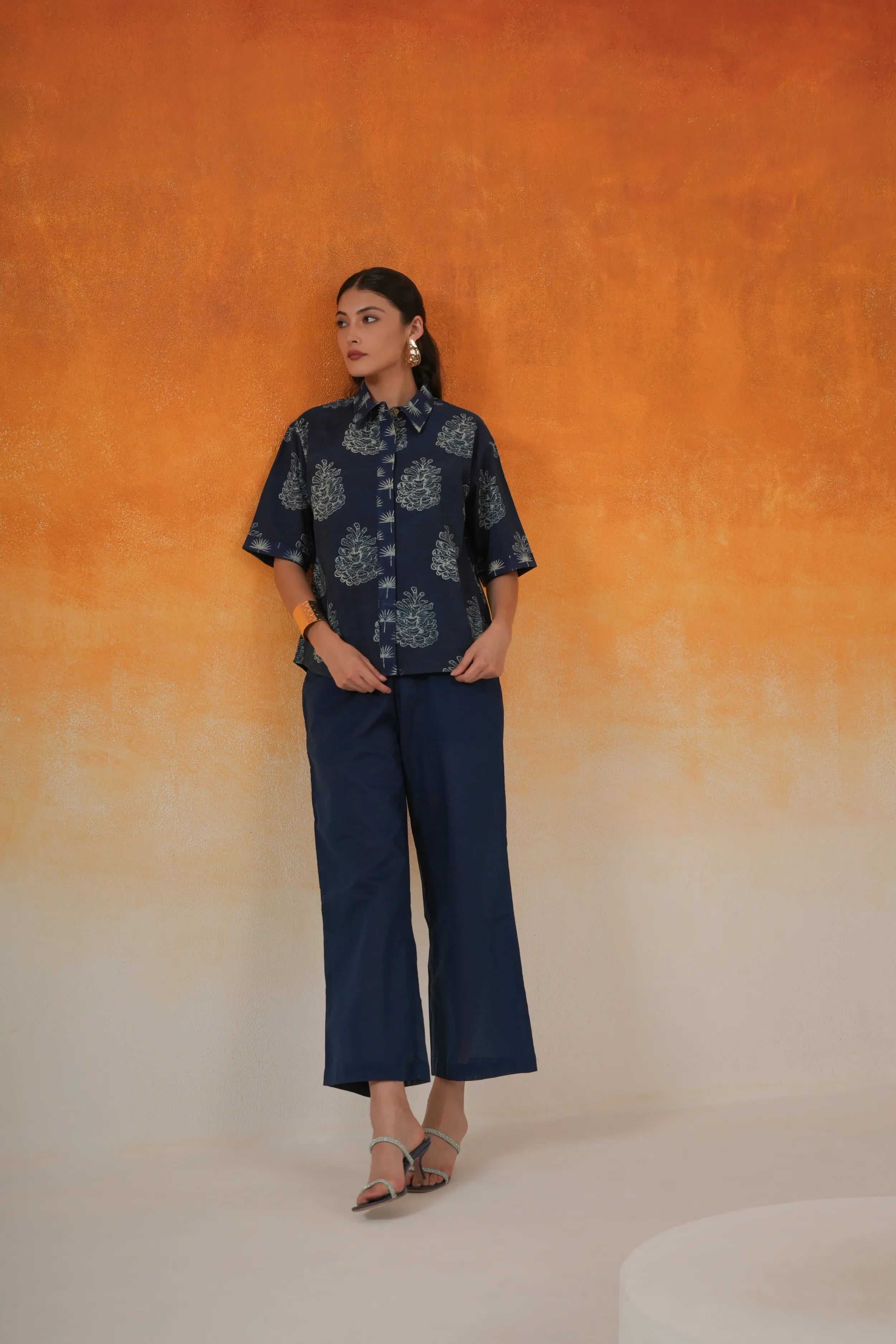Pine shirt-style Ajrakh cotton co-ord set indigo