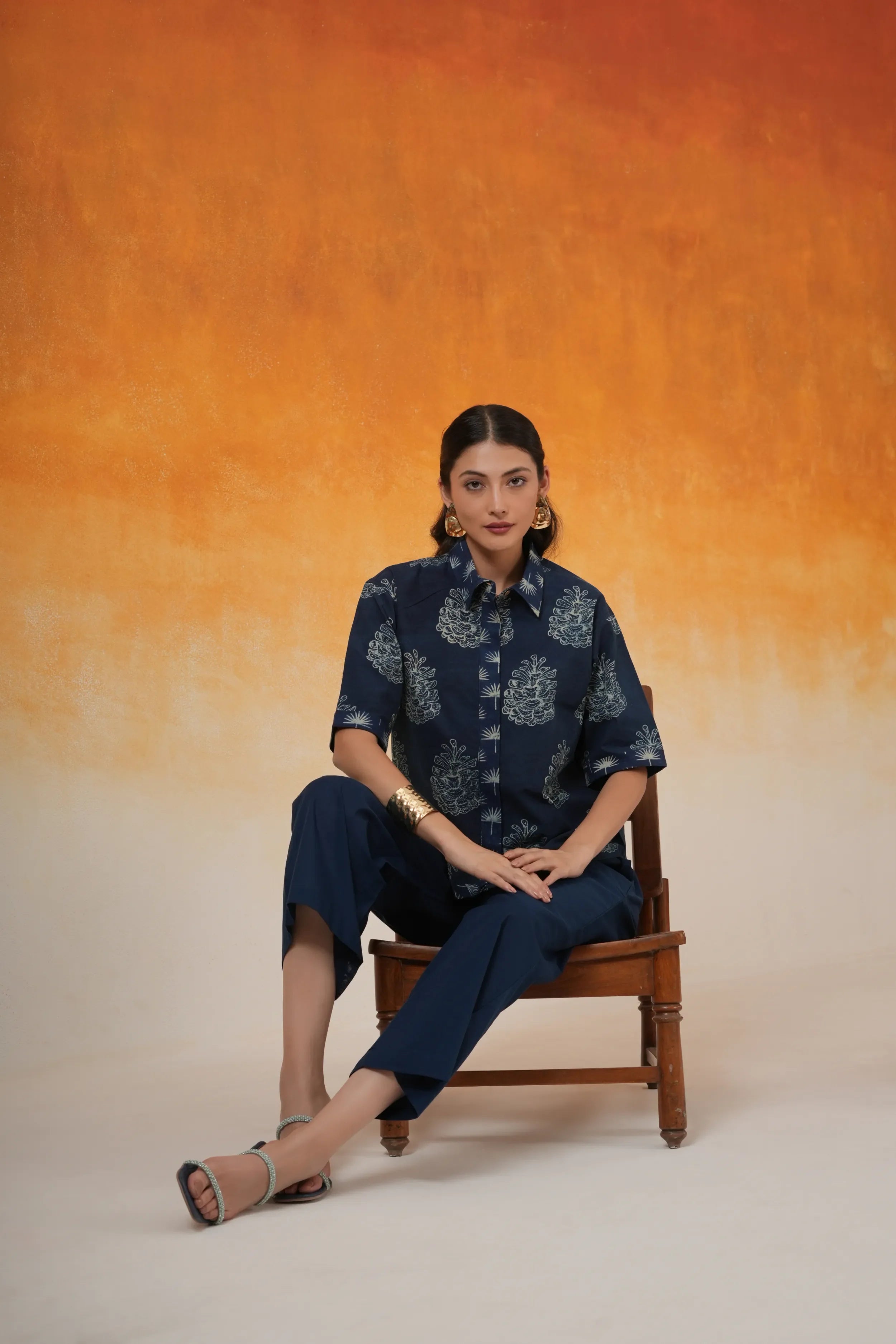 Pine shirt-style Ajrakh cotton co-ord set indigo