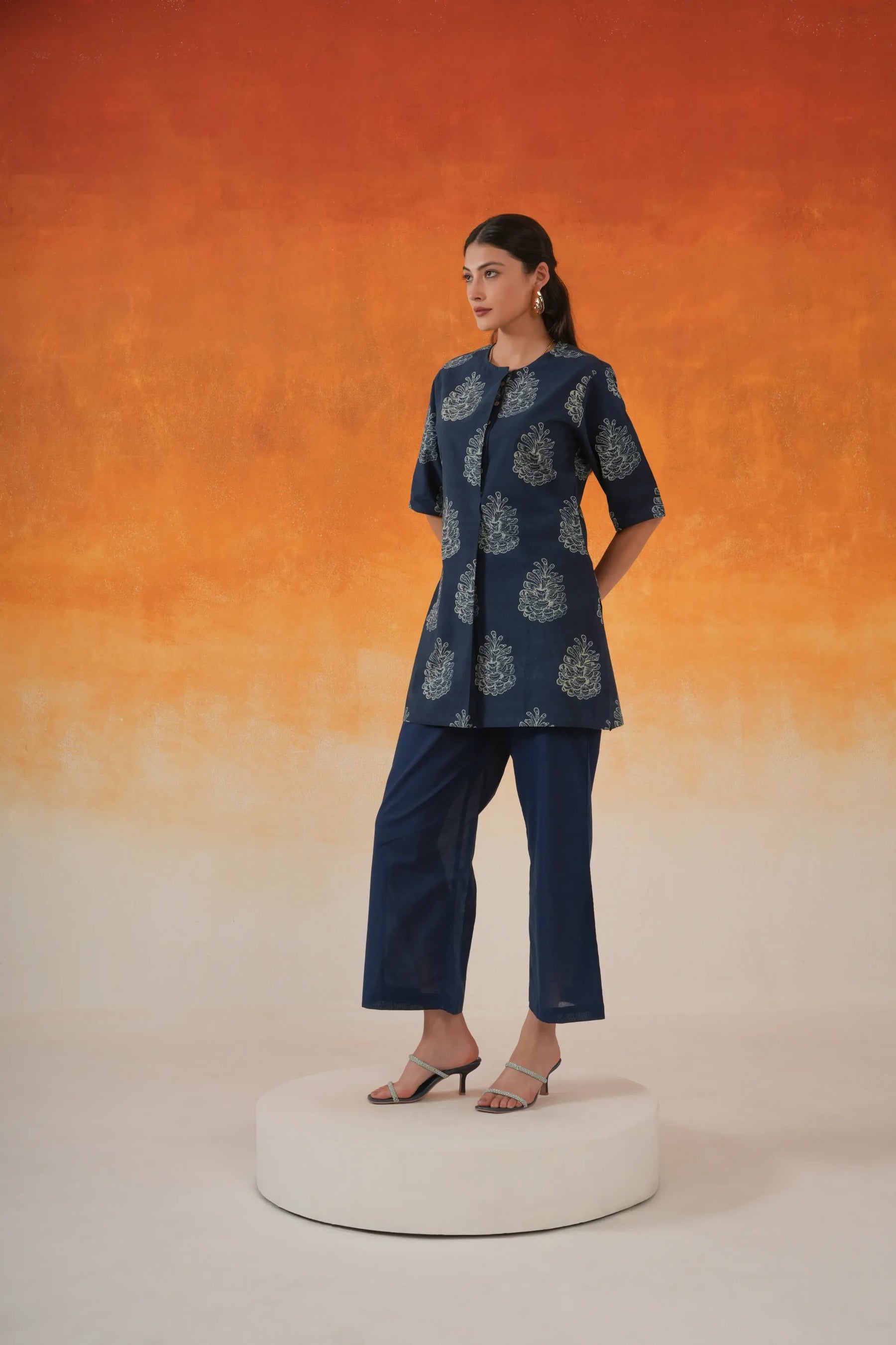 Pine Ajrakh cotton short kurta in indigo - World of Toji