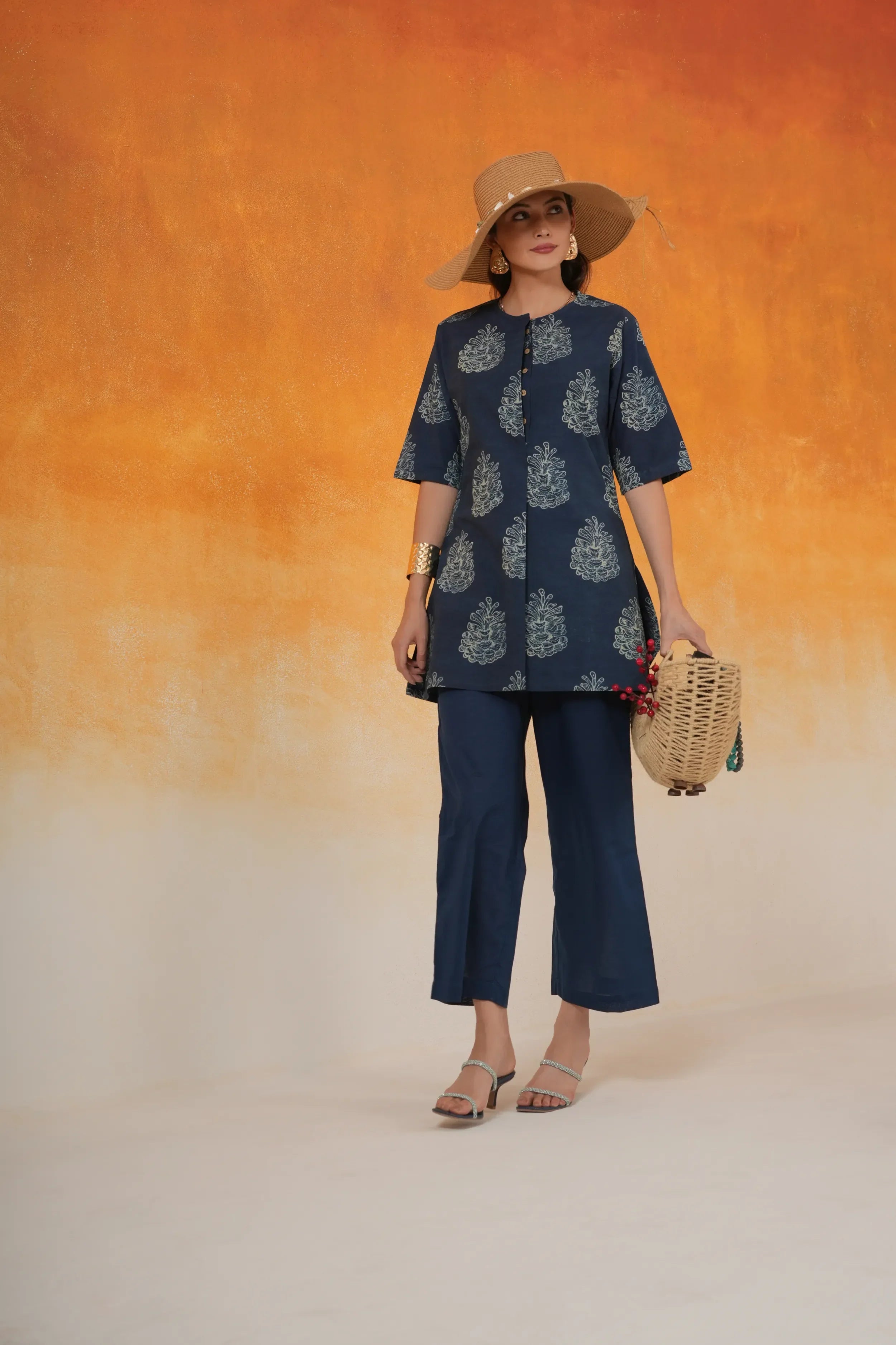 Pine Ajrakh Cotton Short Kurta - Indigo