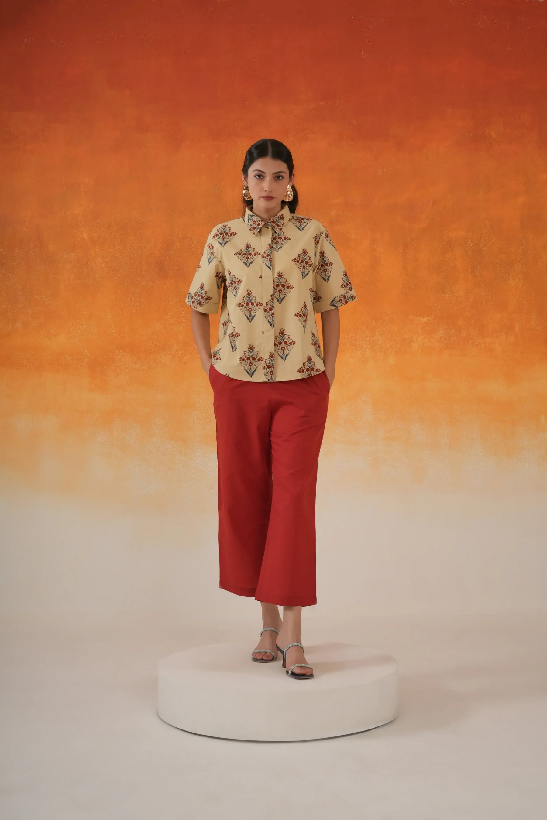 Buta Ajrakh cotton shirt in ivory- World of Toji