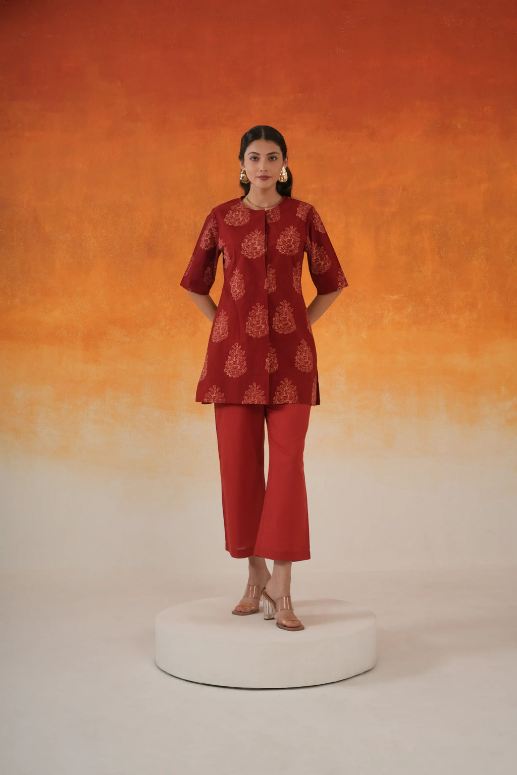 Pine Ajrakh cotton co-ord set in madder red