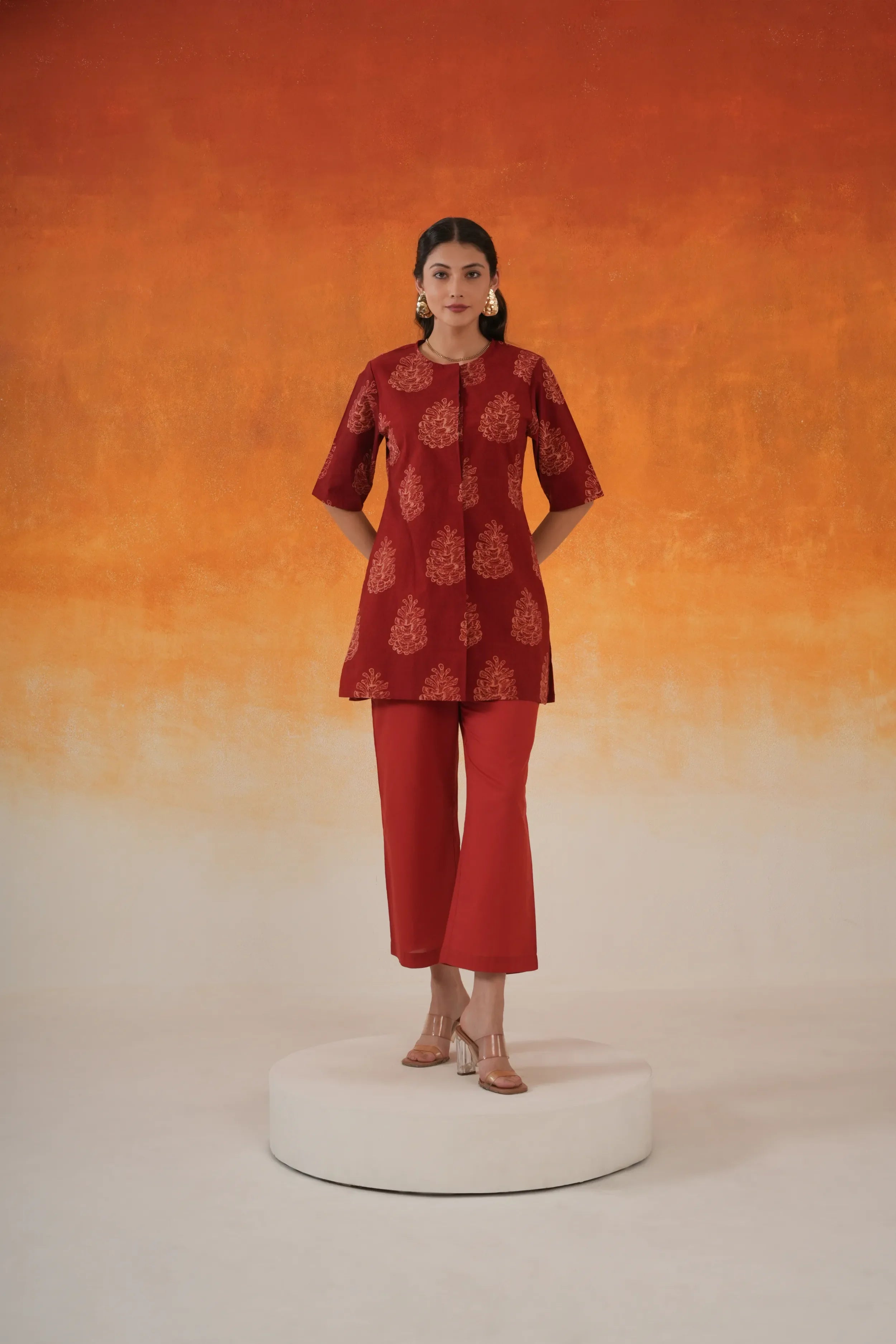 Pine Ajrakh cotton co-ord set in madder red