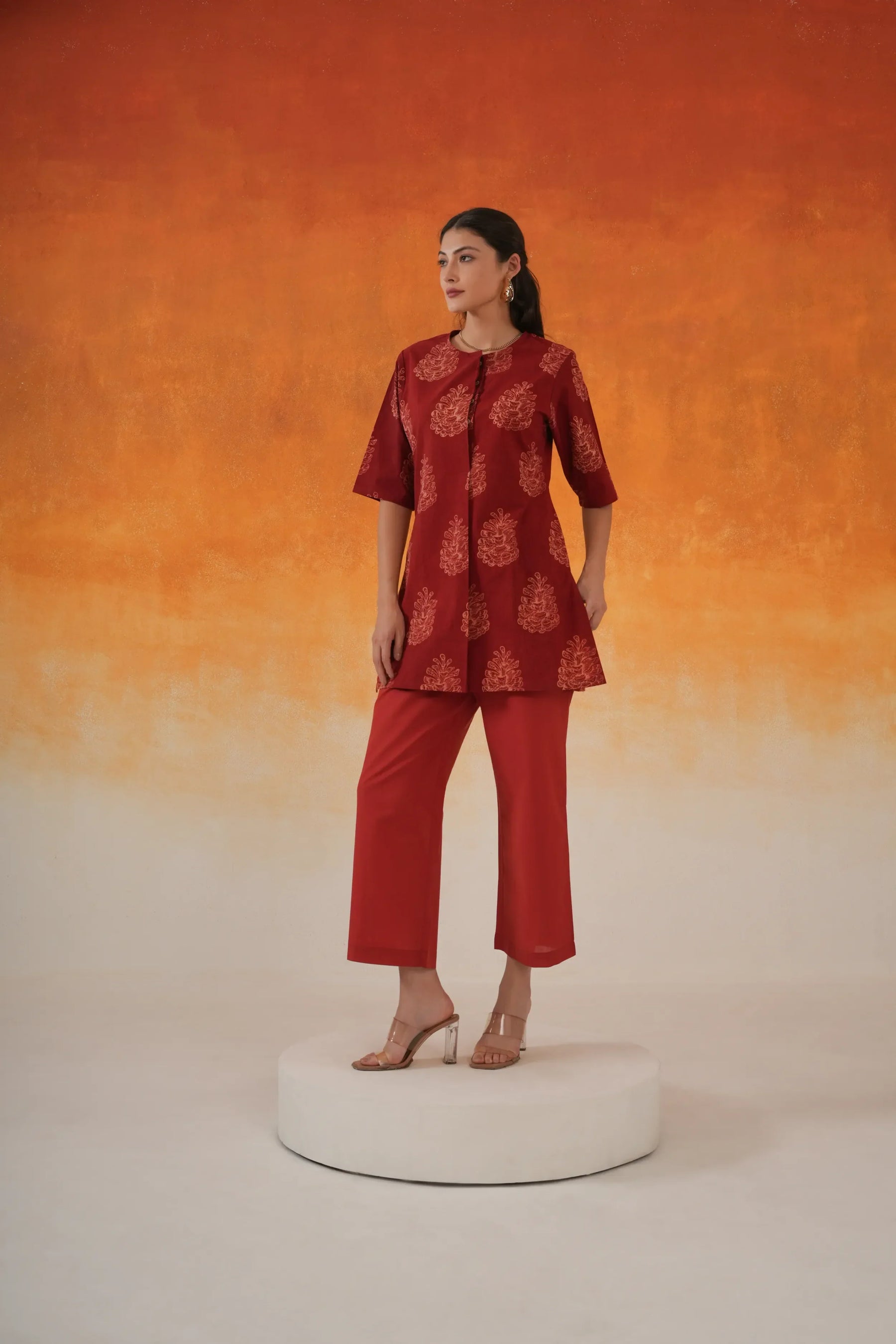 Pine Ajrakh cotton short kurta in madder red - World of Toji