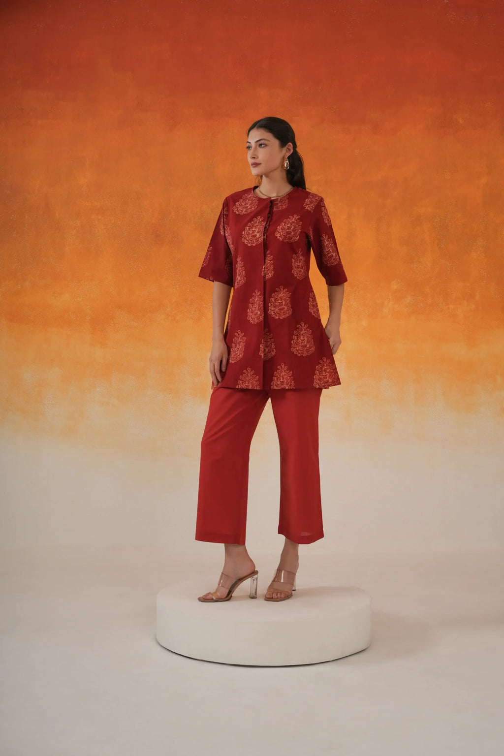 Pine Ajrakh cotton co-ord set in madder red