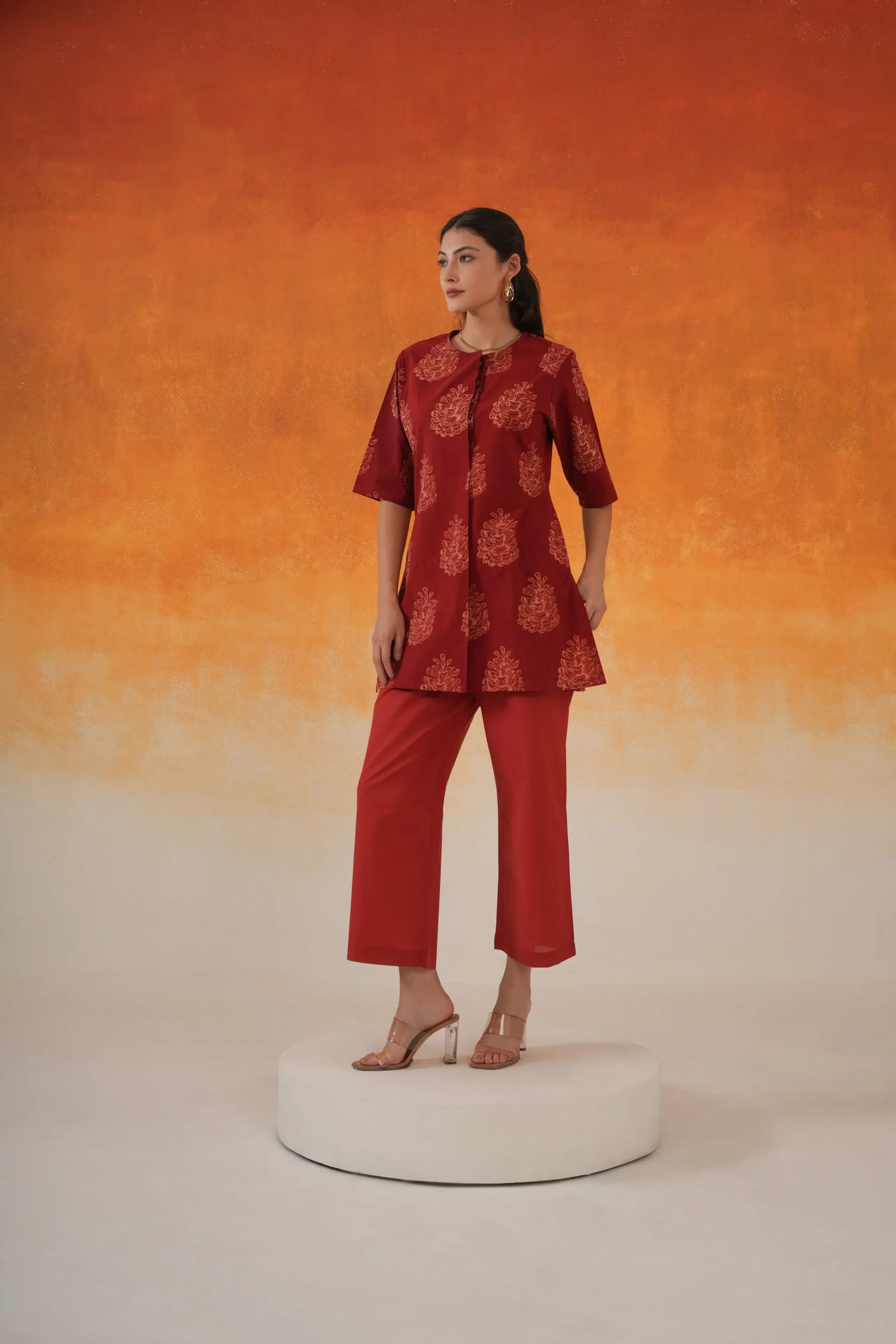 Pine Ajrakh cotton co-ord set in madder red - World of Toji