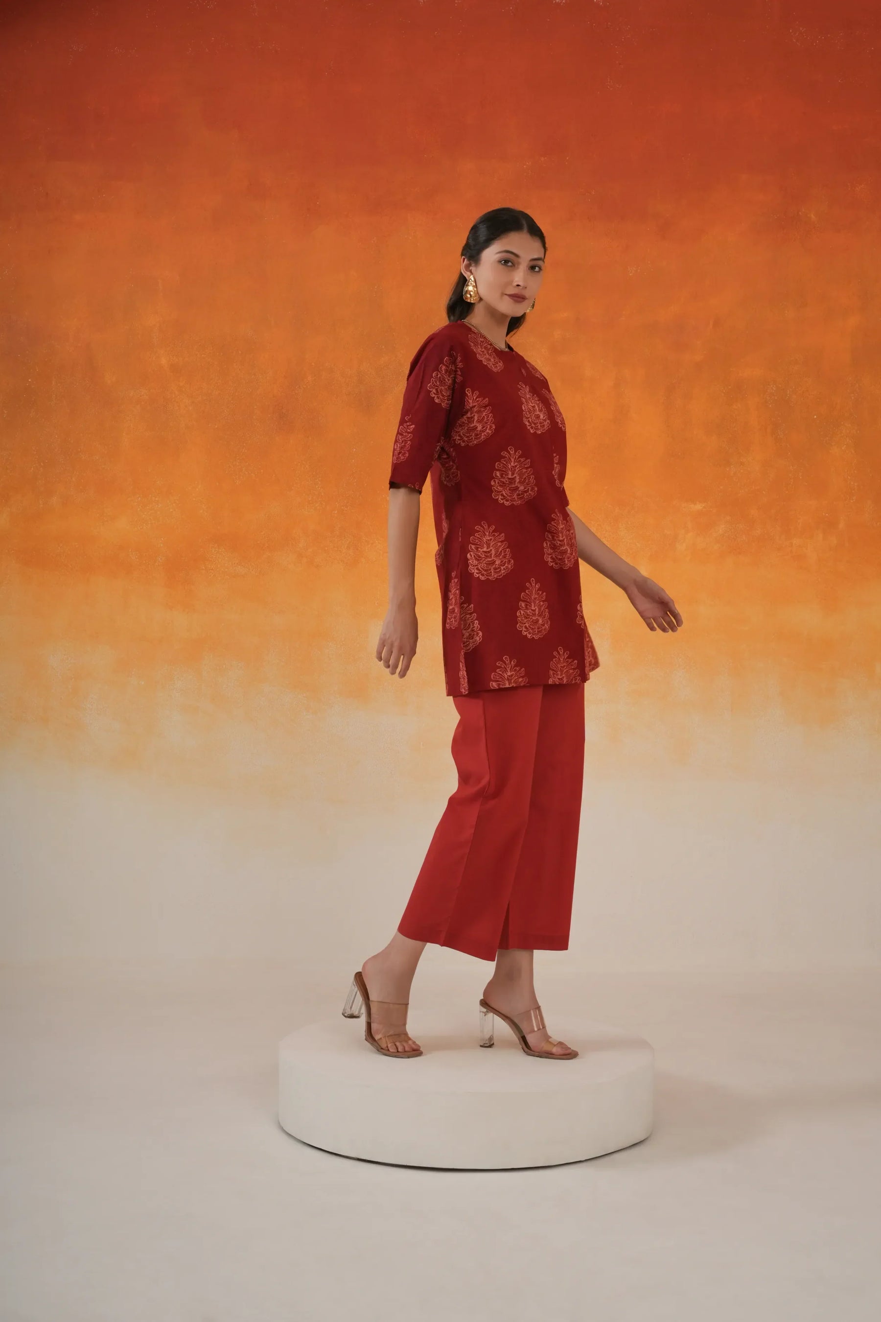 Pine Ajrakh cotton short kurta in madder red - World of Toji