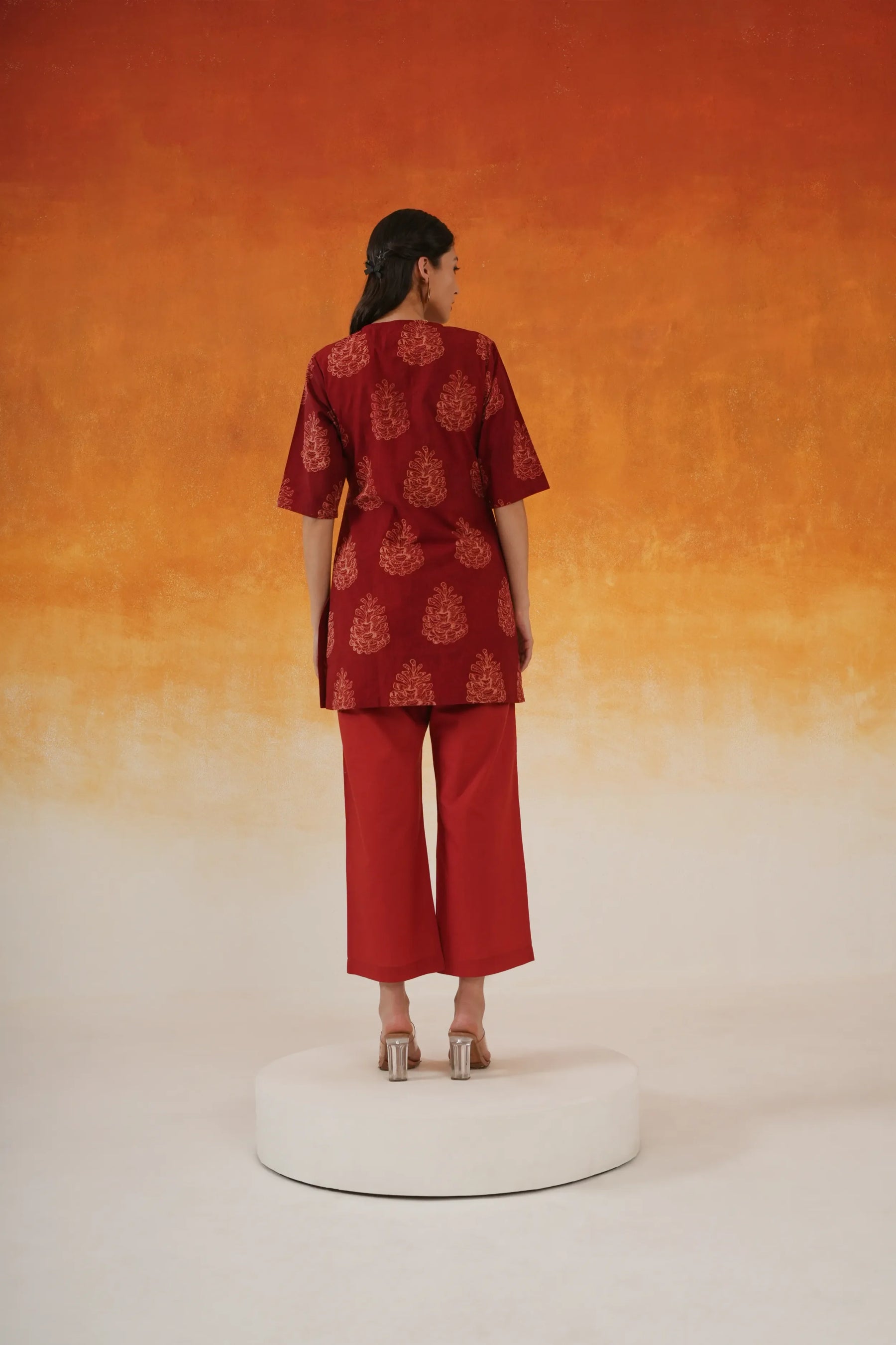 Pine Ajrakh cotton co-ord set in madder red - World of Toji