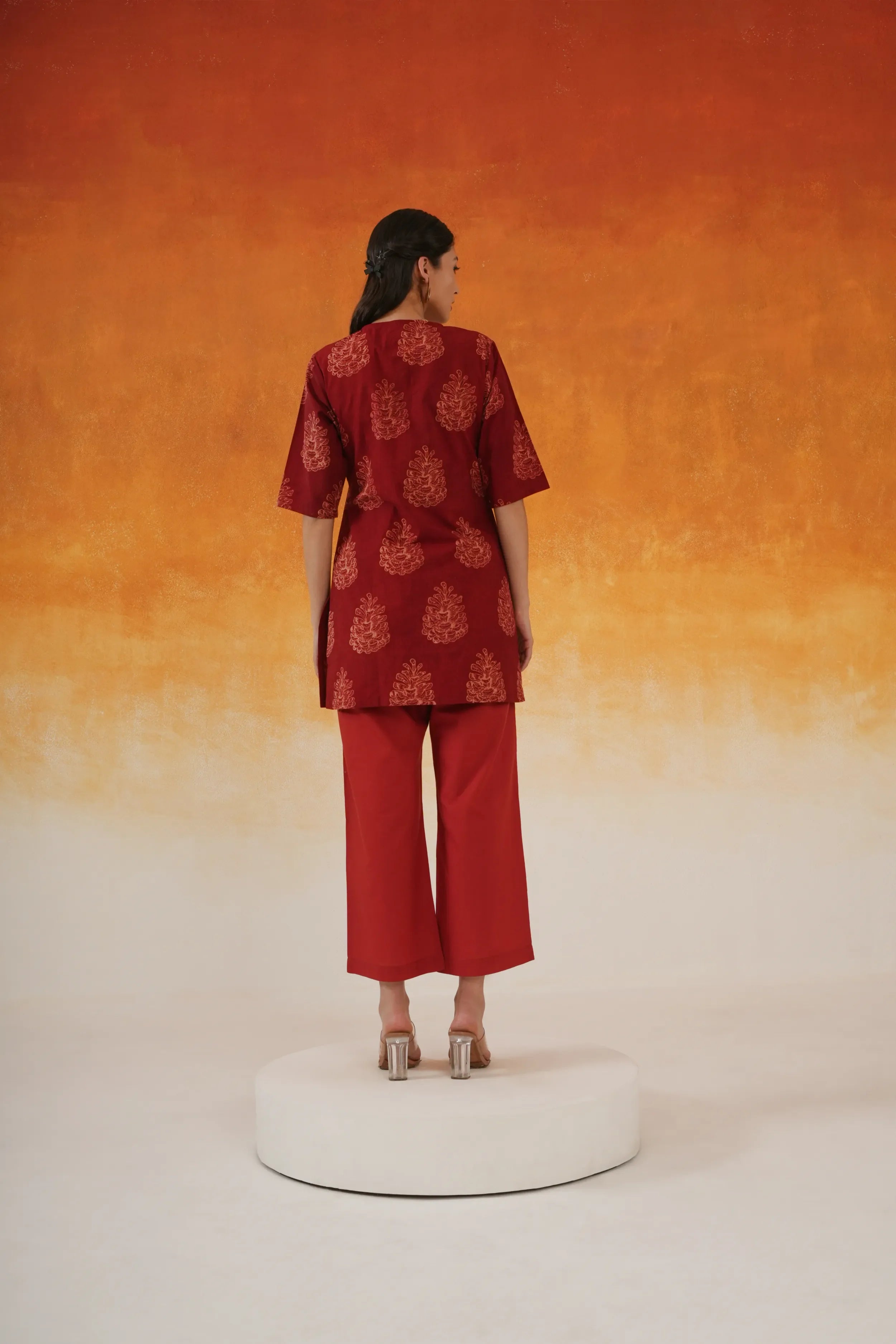 Pine Ajrakh cotton co-ord set in madder red