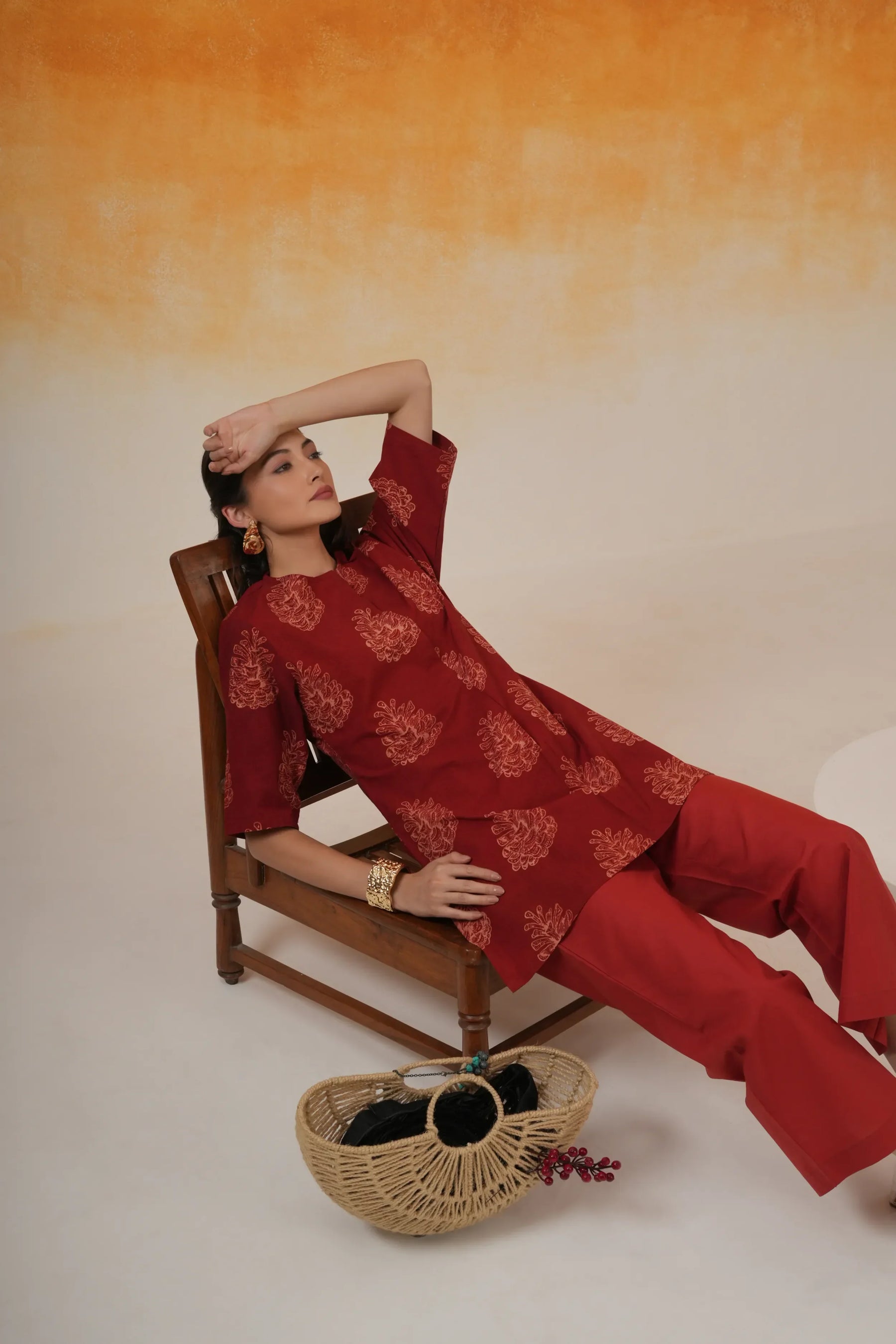 Pine Ajrakh cotton short kurta in madder red - World of Toji