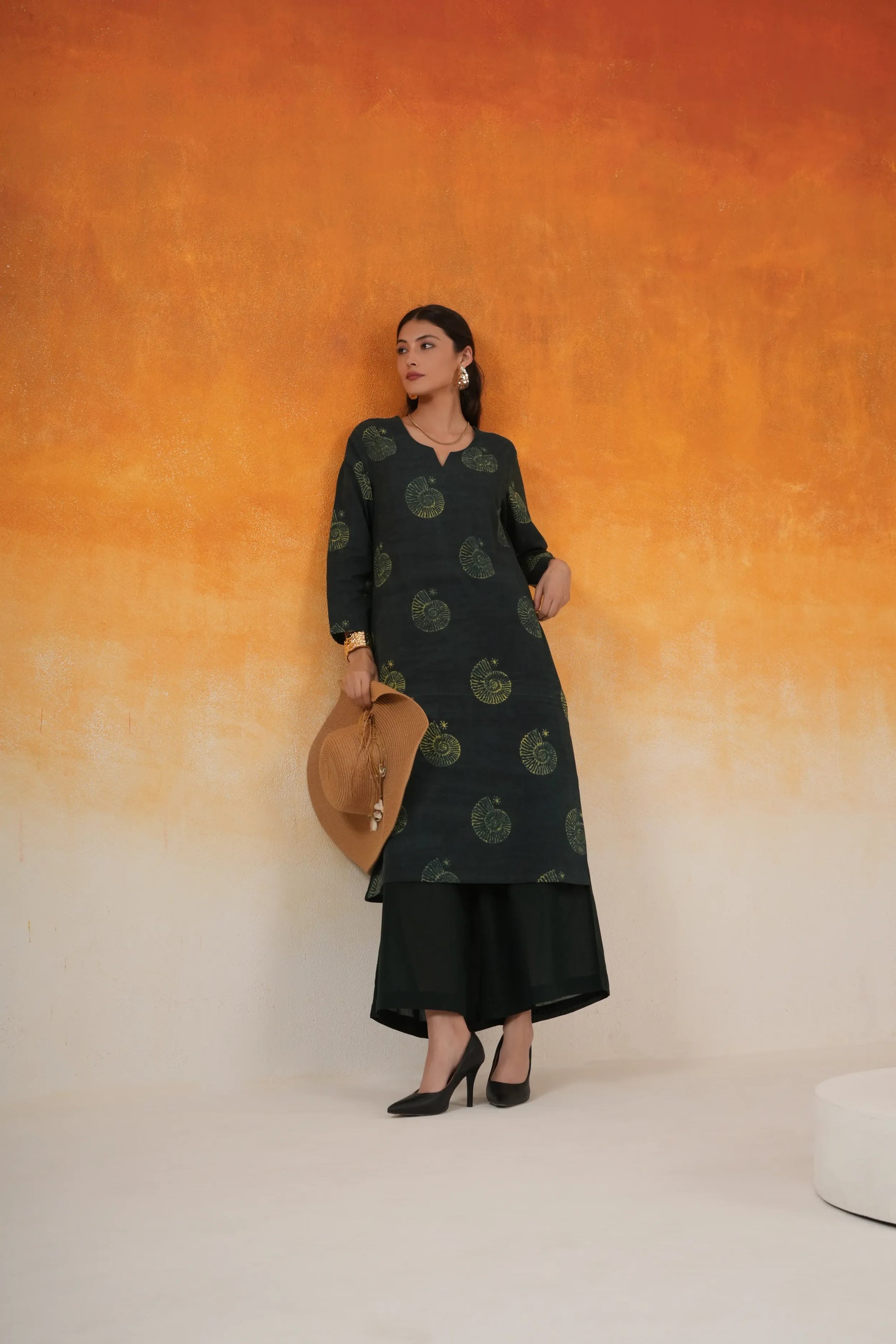 Conch straight Ajrakh cotton kurta set in bottle green - World of Toji