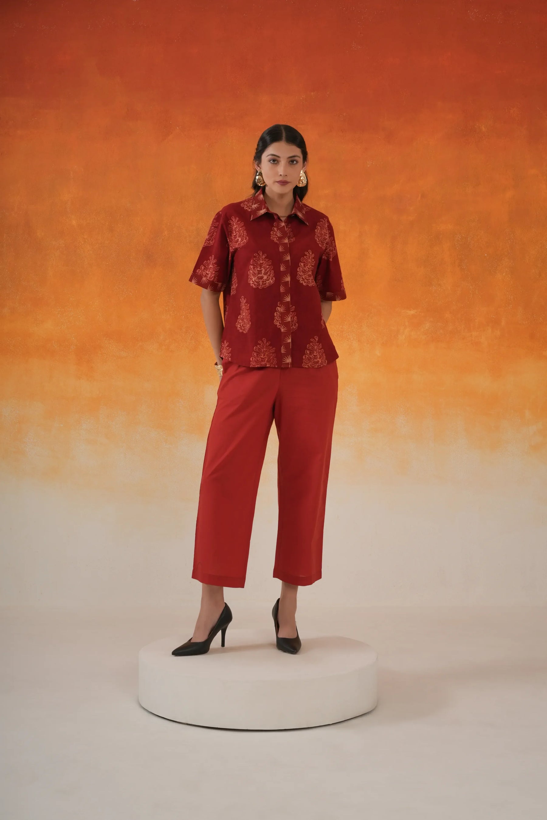 Madder red Pine Ajrakh cotton shirt co-ord set - World of Toji