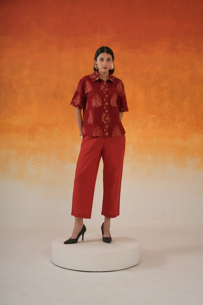 Pine Ajrakh Cotton Shirt - Madder Red
