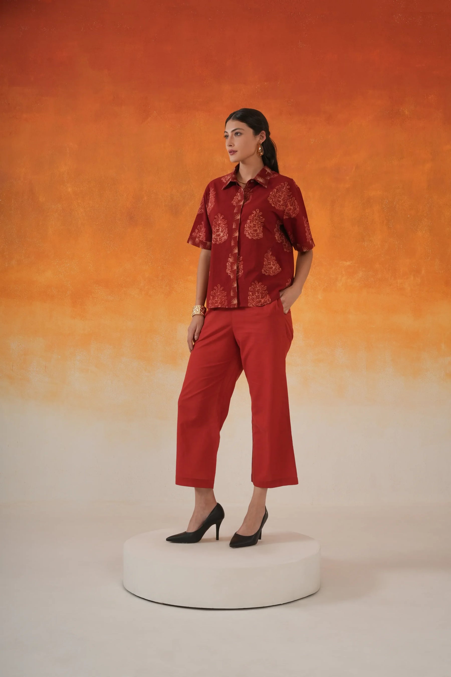Madder red Pine Ajrakh cotton shirt co-ord set - World of Toji