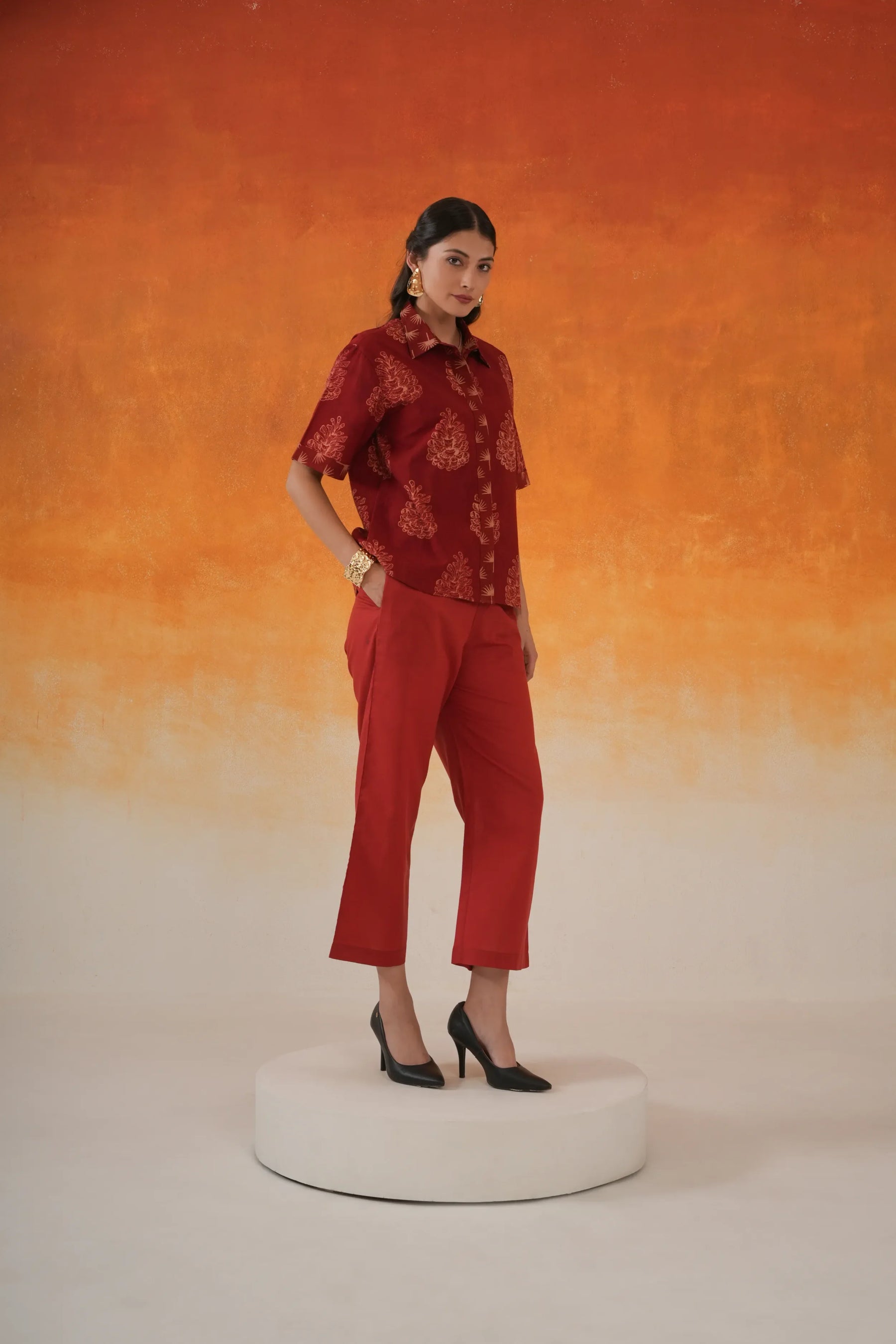 Madder red Pine Ajrakh cotton shirt co-ord set - World of Toji