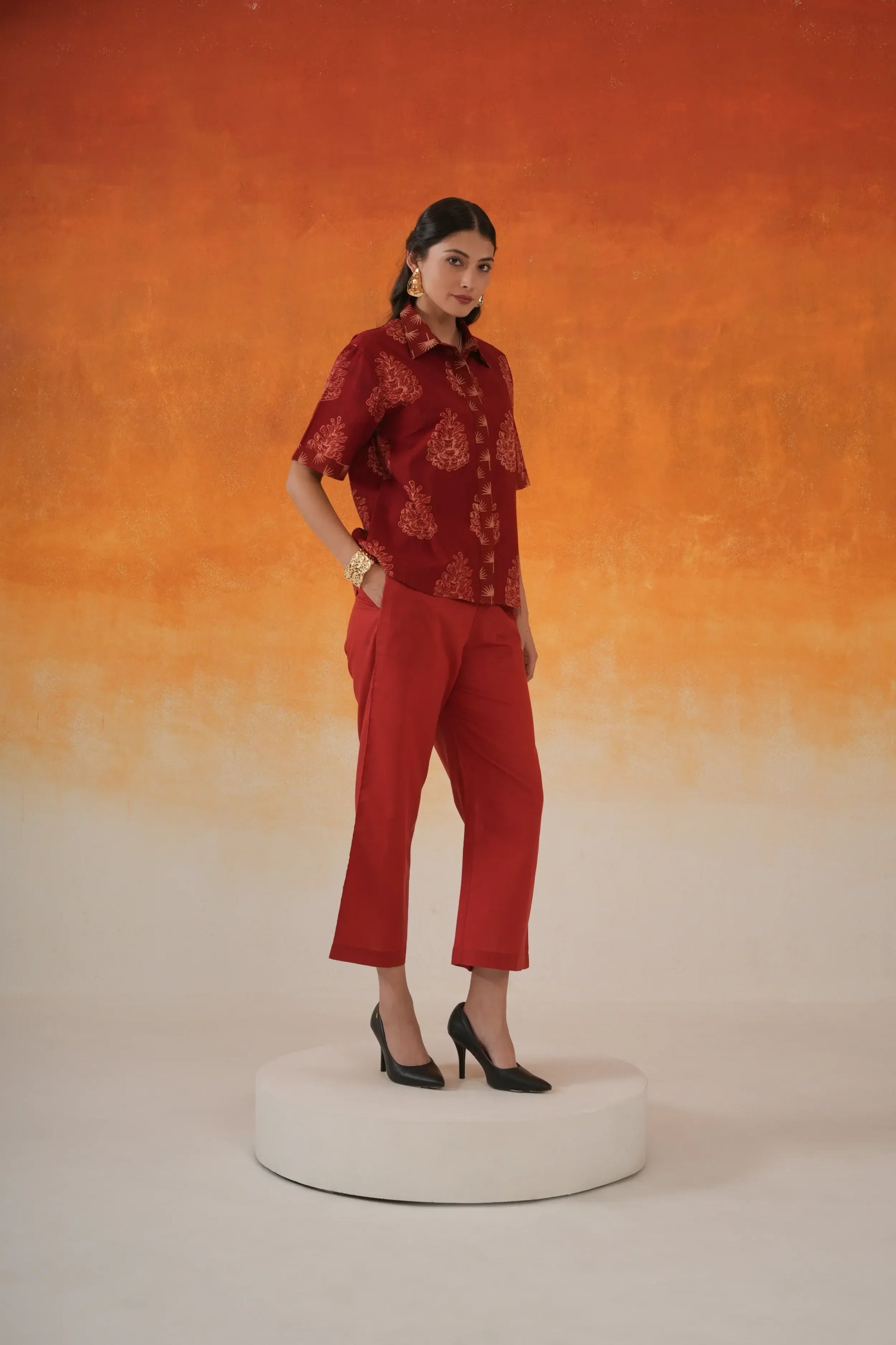 Pine Ajrakh cotton shirt in madder red, World of Toji