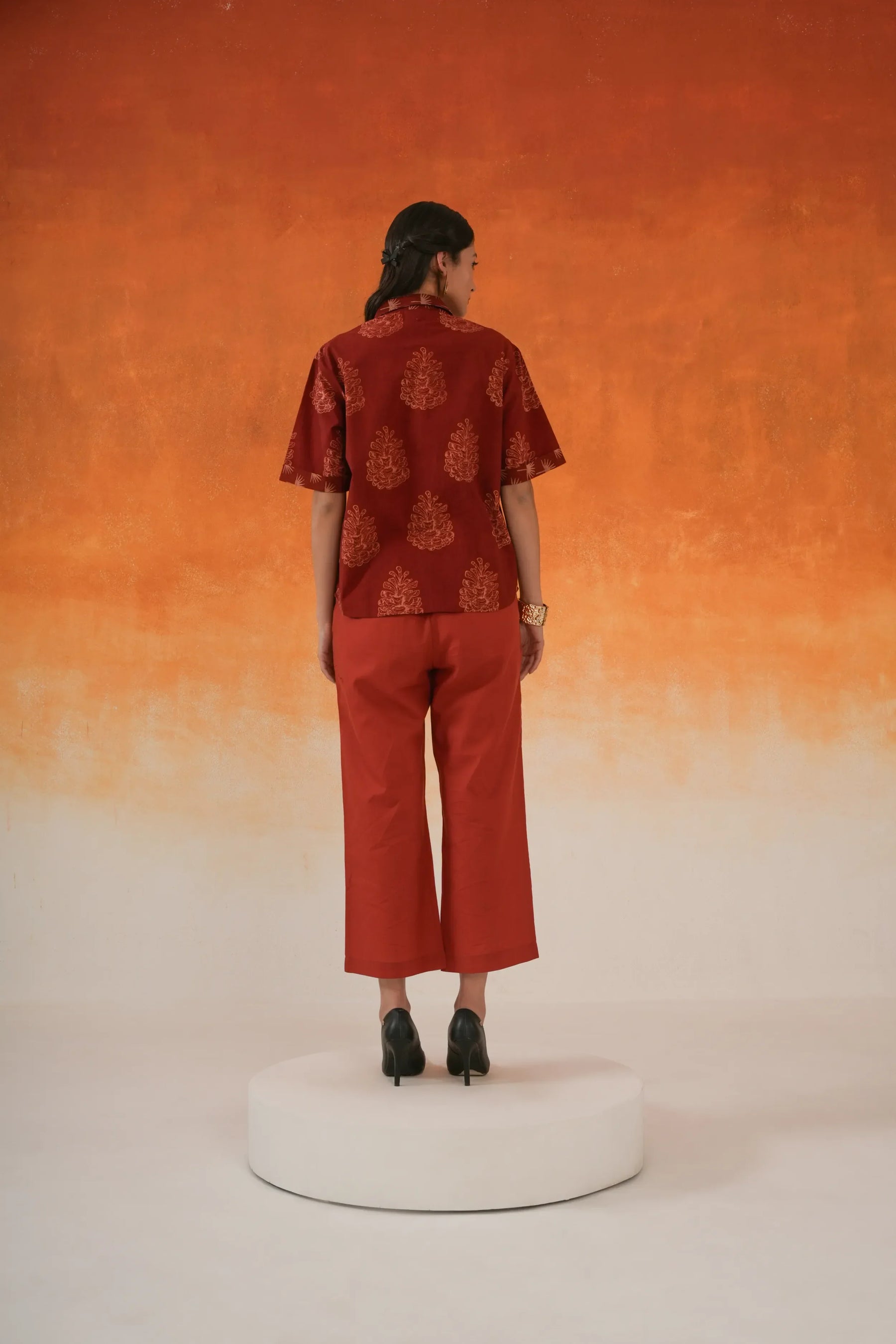 Pine Ajrakh cotton shirt in madder red, World of Toji