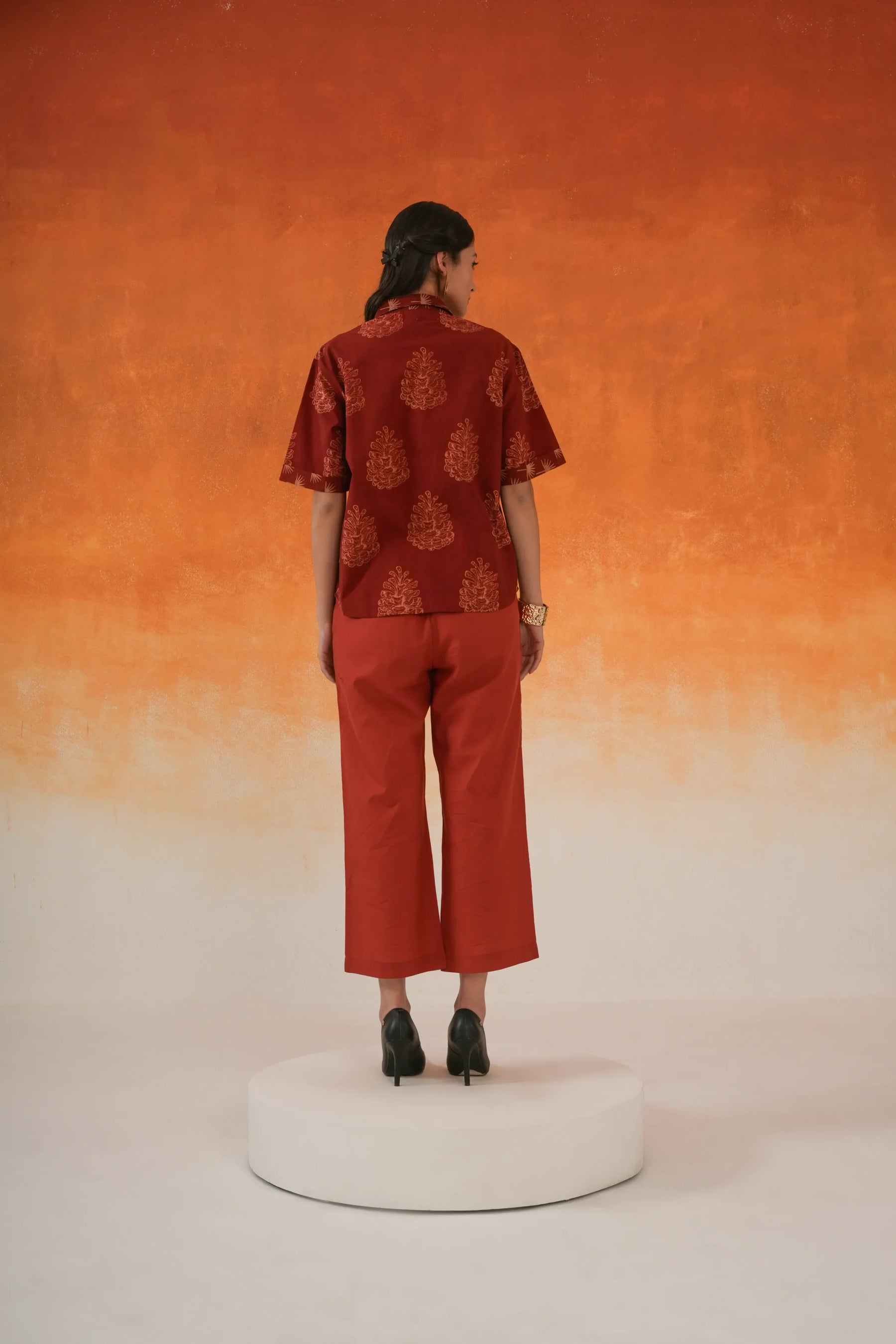 Madder red Pine Ajrakh cotton shirt co-ord set - World of Toji