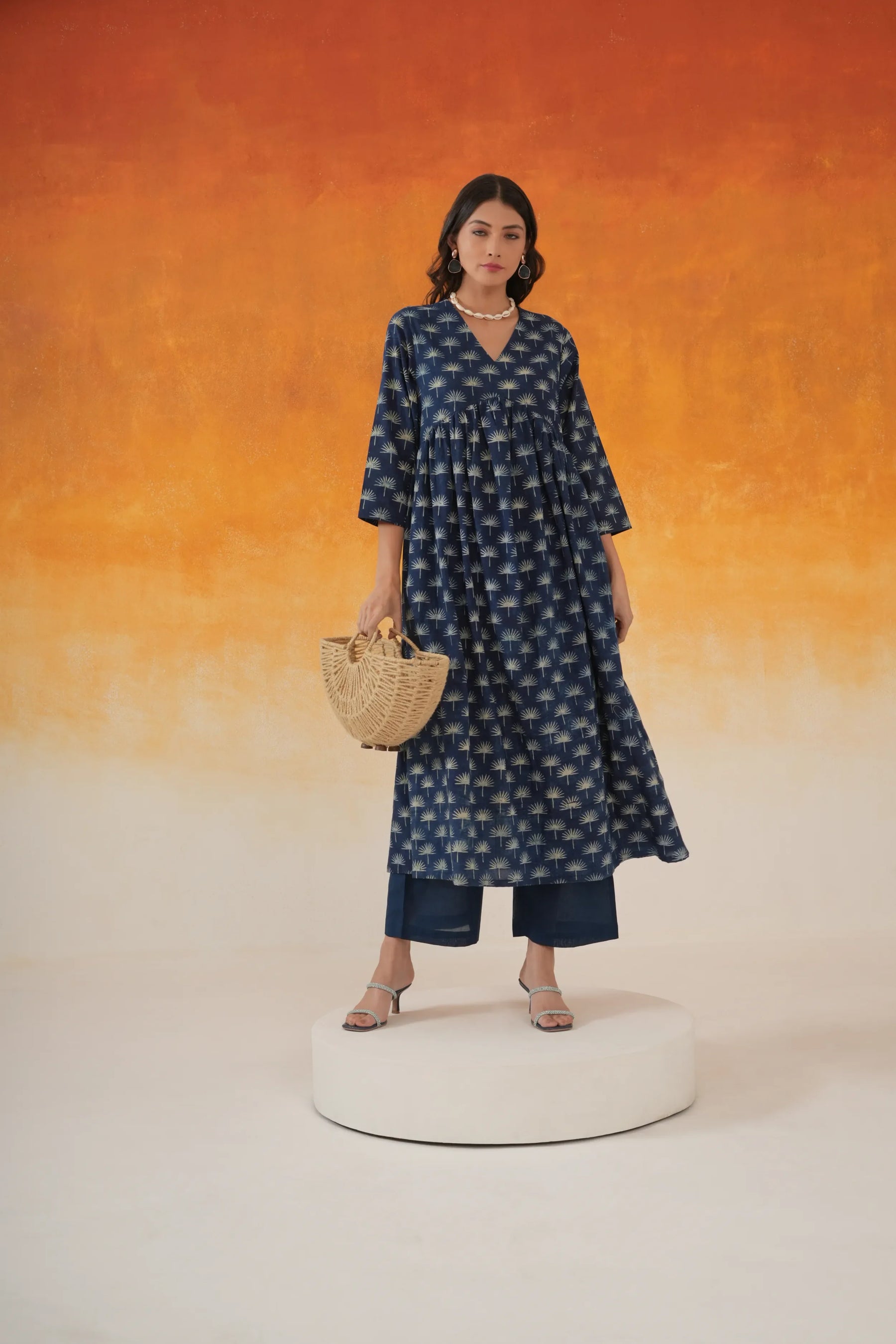 Maple Anarkali Ajrakh Block Print Cotton Kurta Indigo - World of Toji