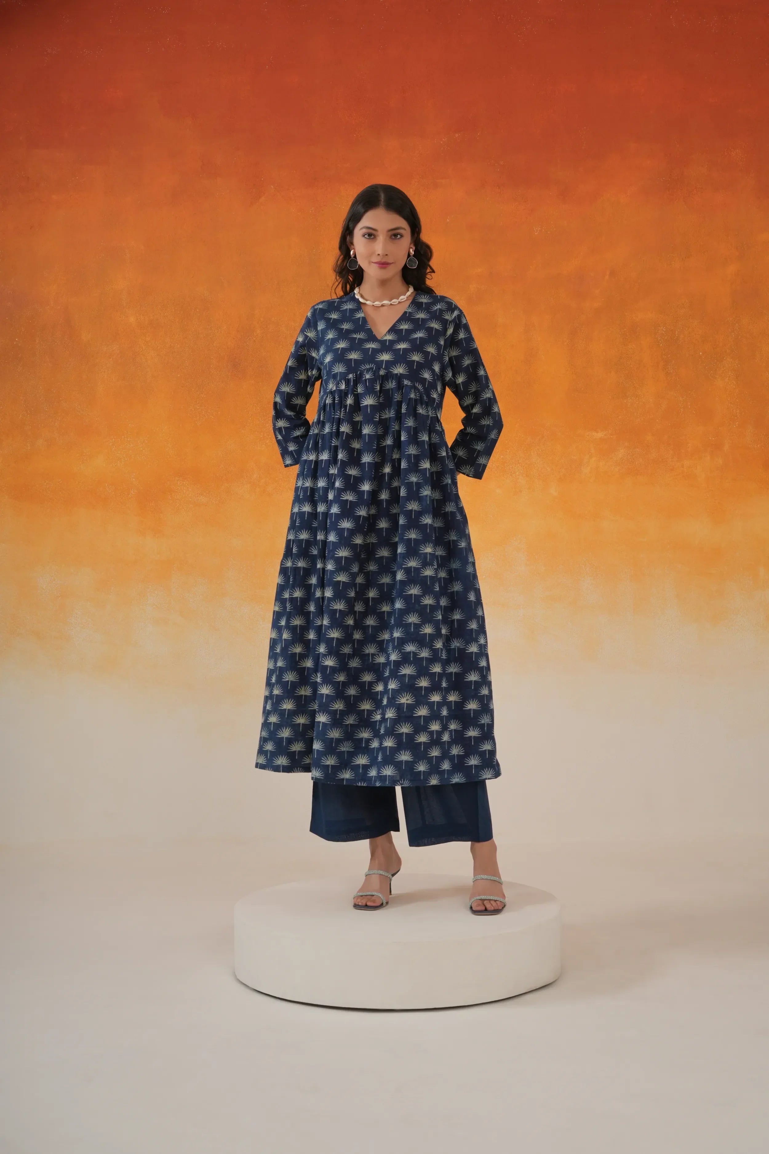 Maple Anarkali Ajrakh Cotton Kurta - Indigo