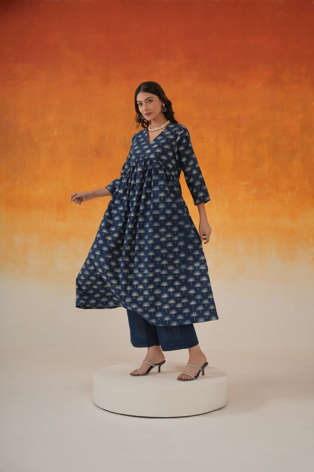 Maple Anarkali Ajrakh Cotton Kurta - Indigo