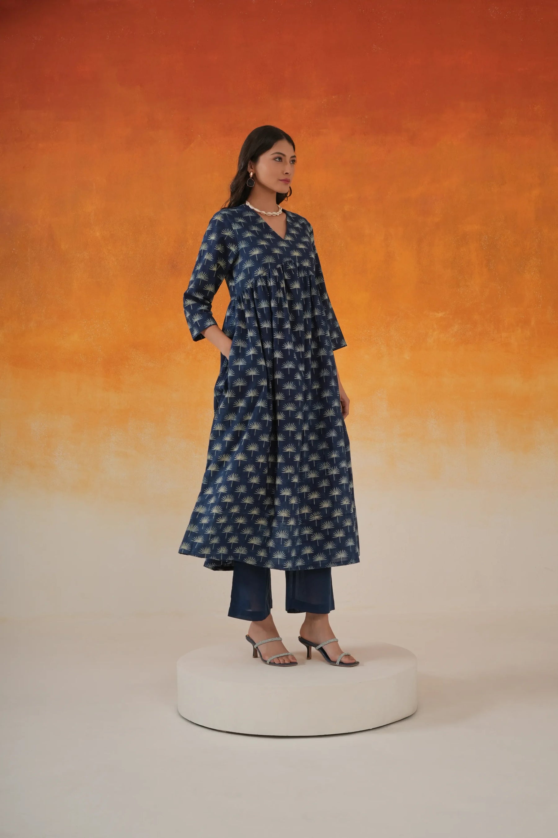 Maple Anarkali Ajrakh Block Print Cotton Kurta Indigo - World of Toji