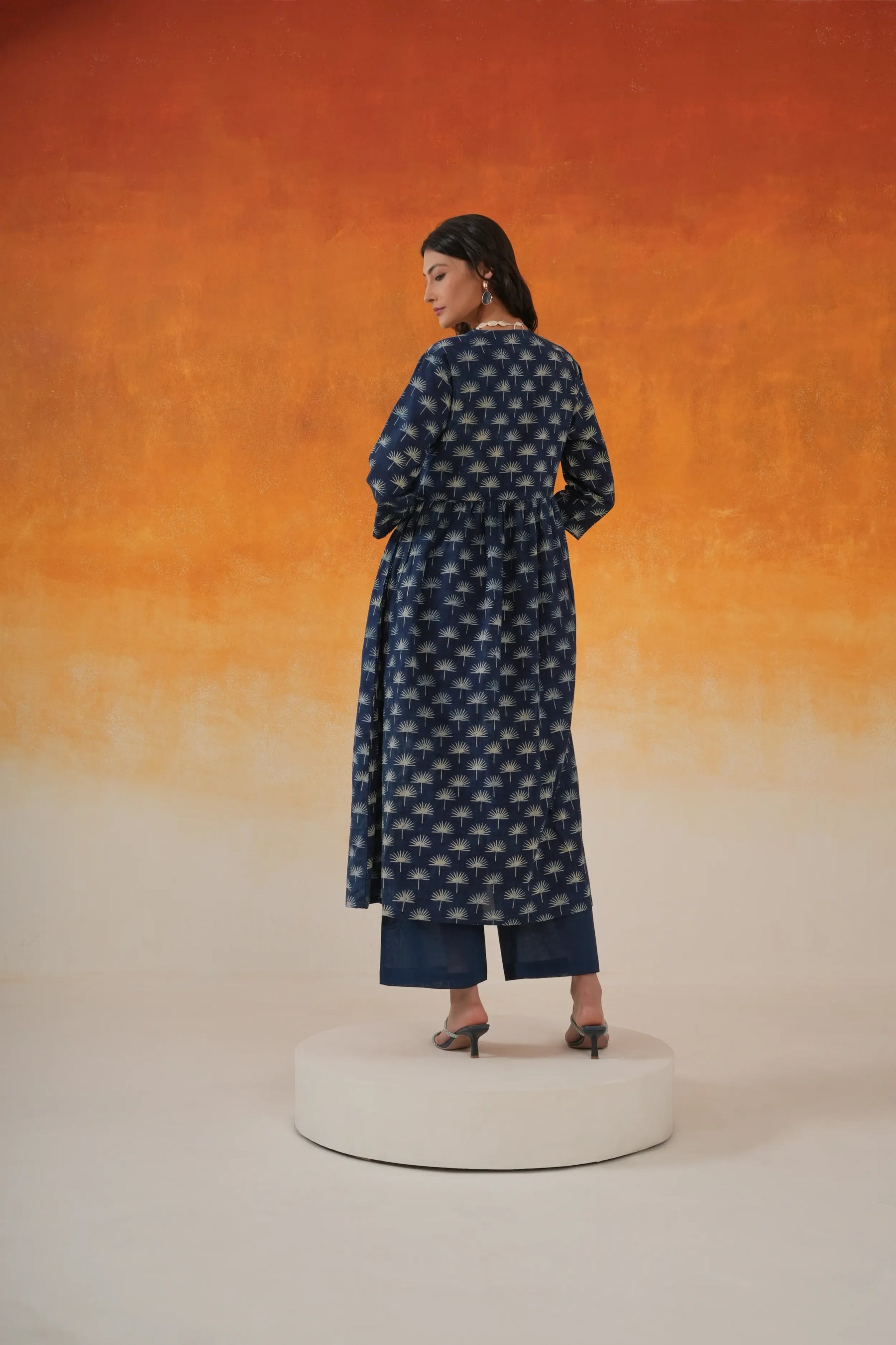 Maple Anarkali Ajrakh Block Print Cotton Kurta Indigo - World of Toji