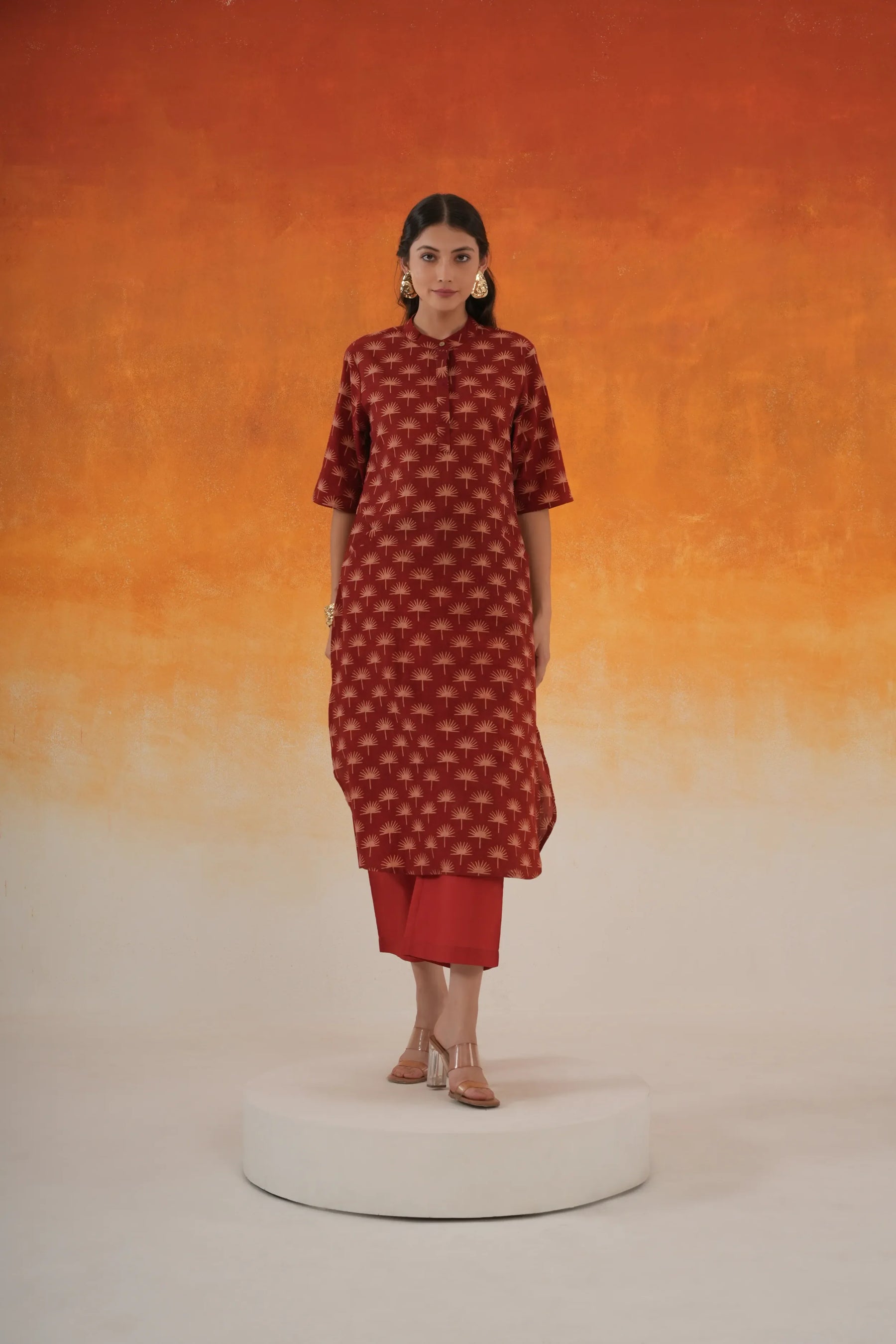 Maple A-line Ajrakh cotton kurta set in madder red - World of toji