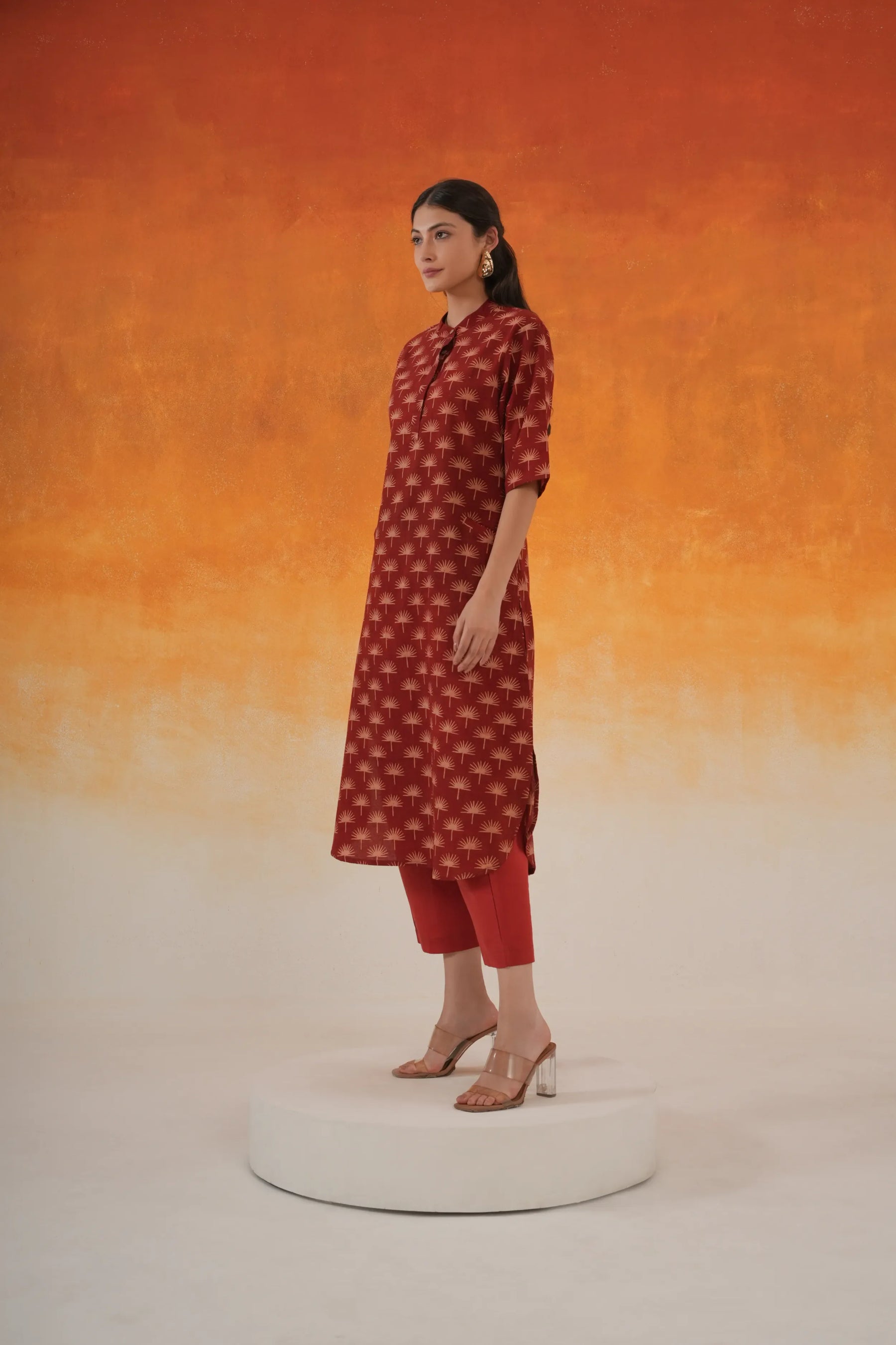 Maple A-line Ajrakh cotton kurta set in madder red - World of toji