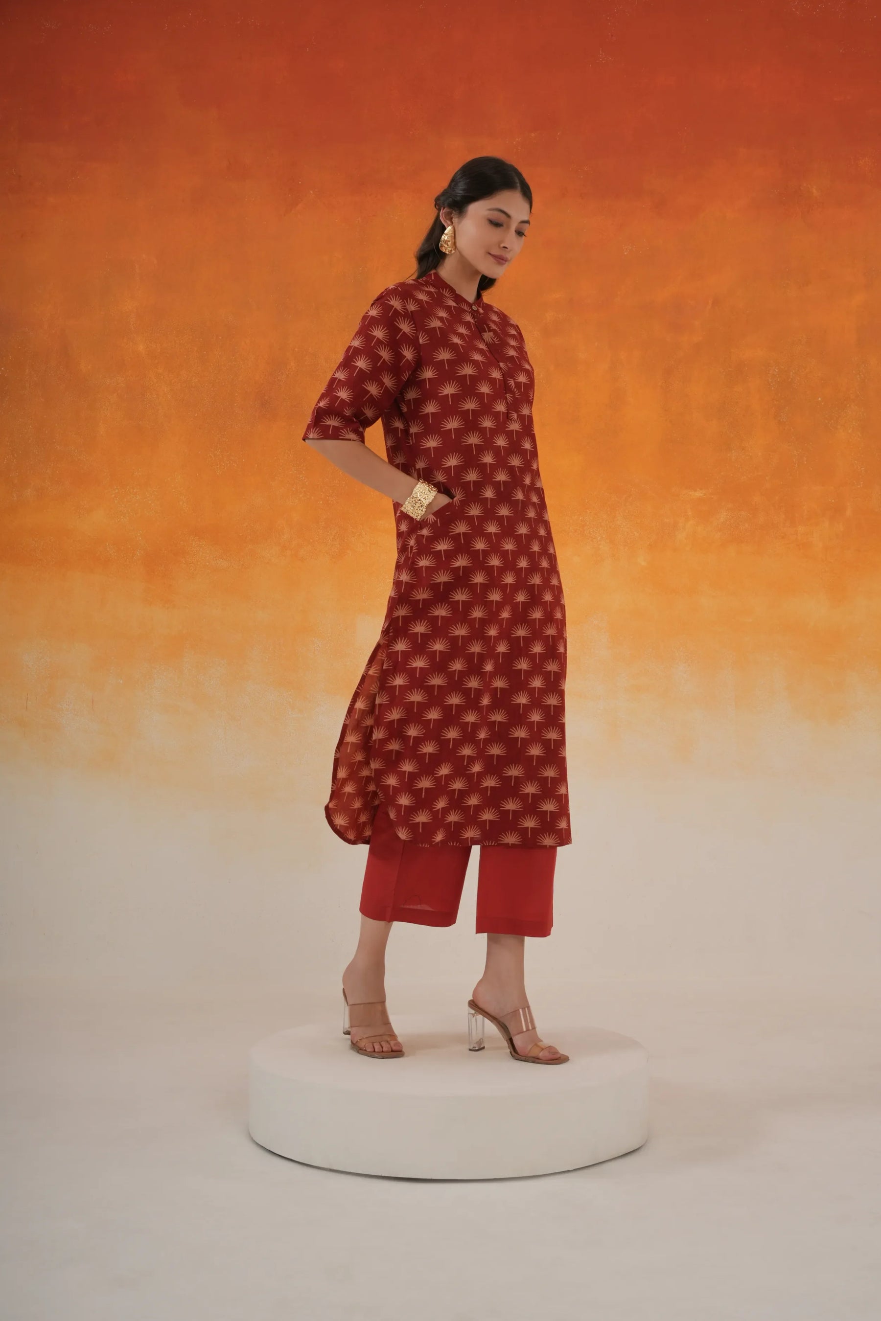 Maple A-line Ajrakh cotton kurta set in madder red - World of toji