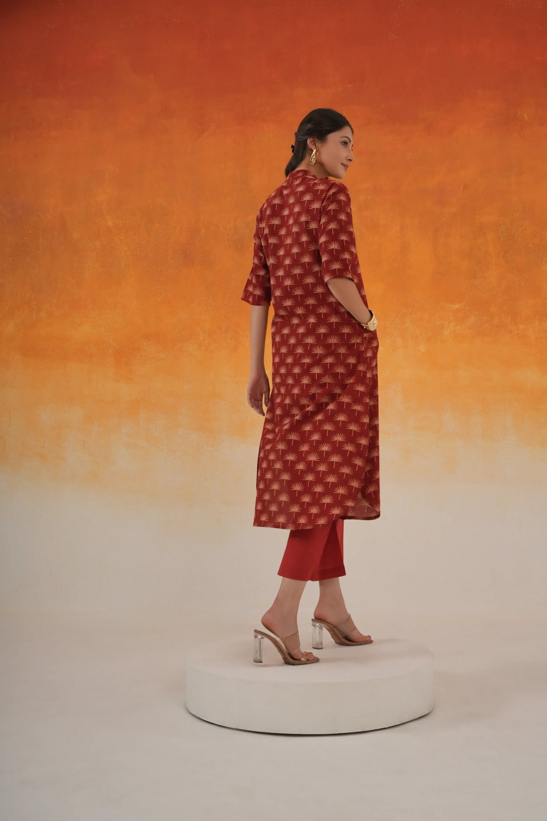 Maple A-line Ajrakh cotton kurta set in madder red - World of toji
