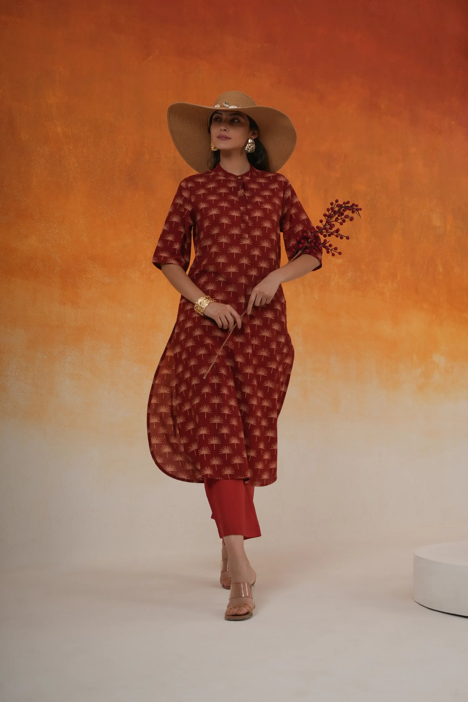 Maple A-line Ajrakh cotton kurta set in madder red - World of toji