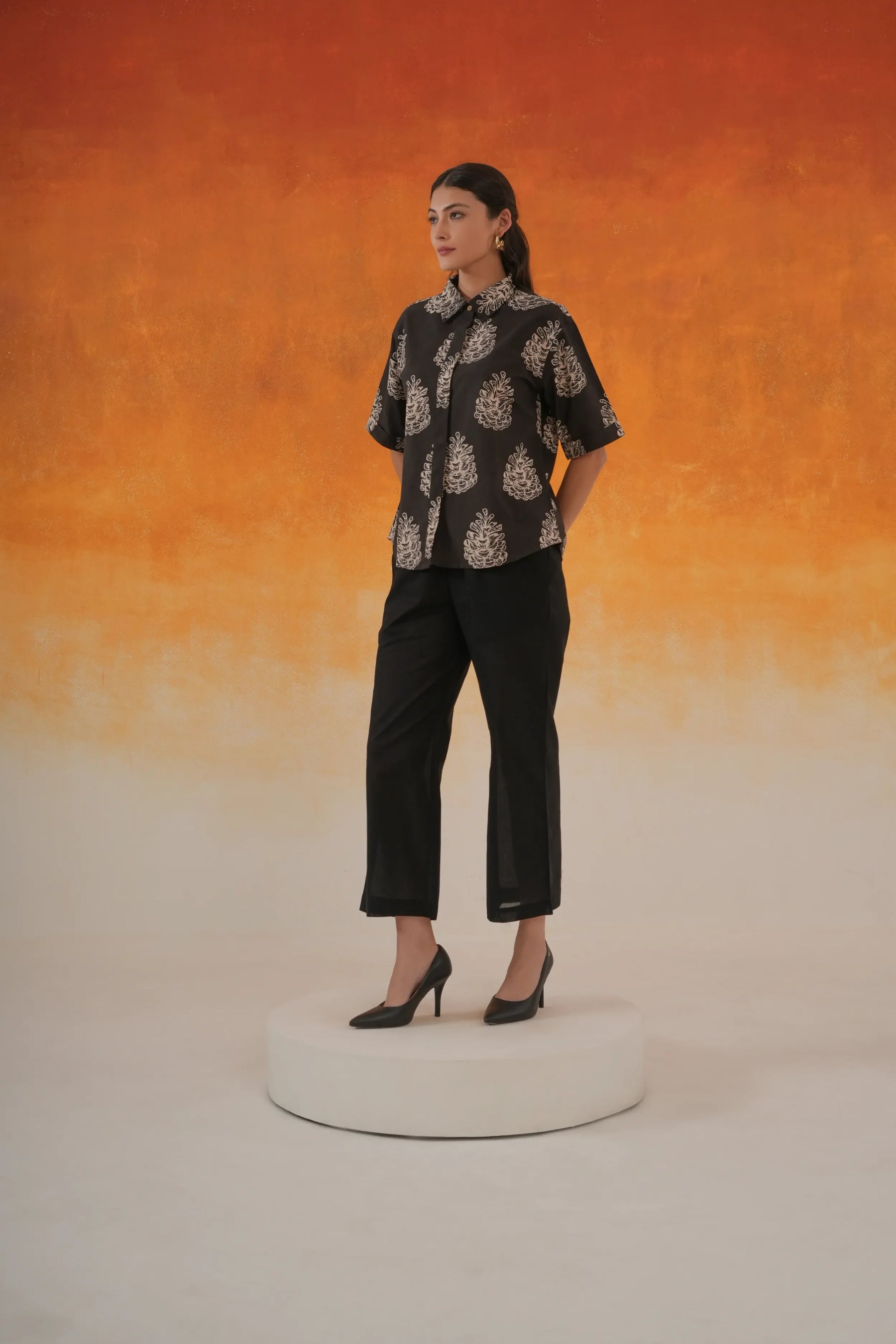 Black Pine Ajrakh cotton shirt co-ord set for women - World of toji